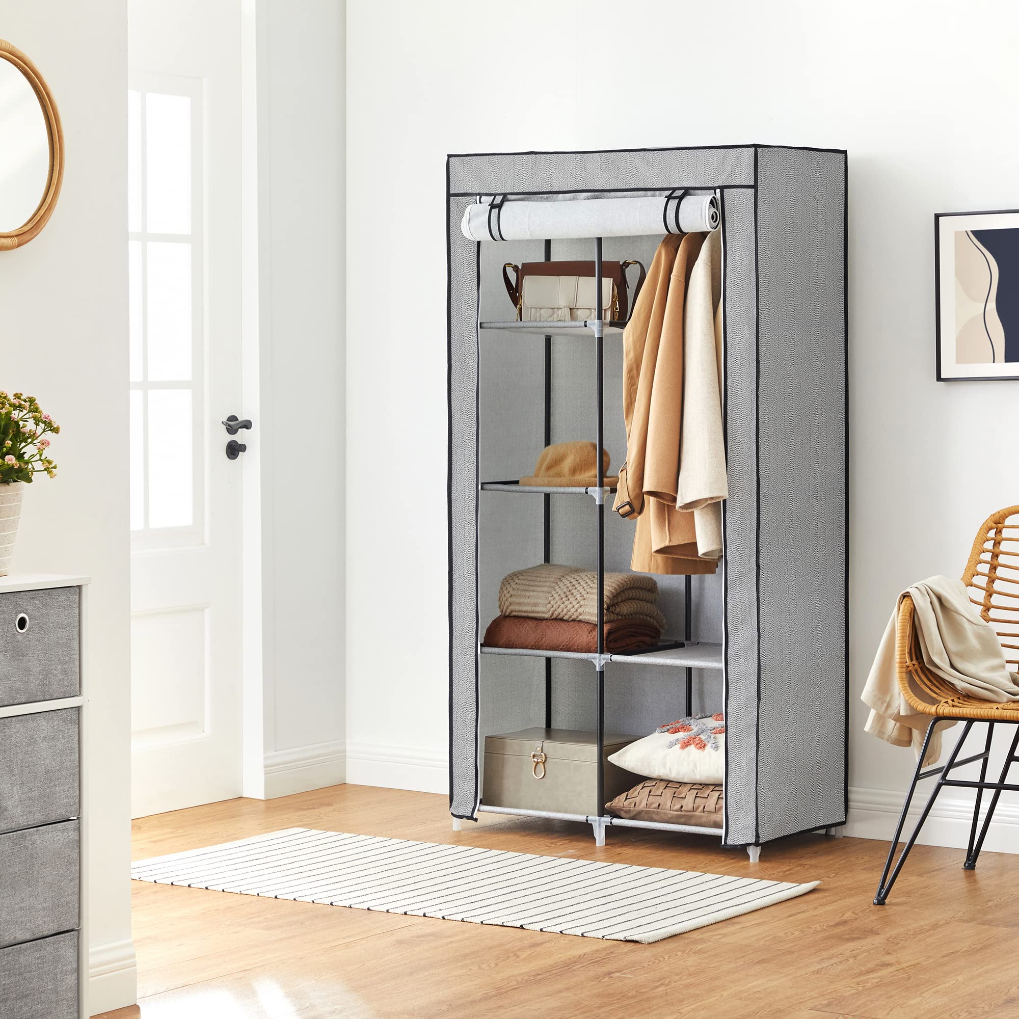 Songmics guardaroba tessuto 45x88x168 cm grigio con asta appendiabiti