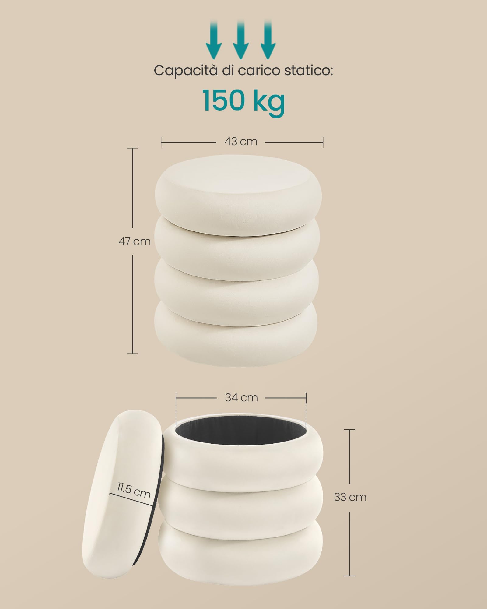 Songmics LOM018LH01 Pouf Contenitore Velluto Bianco Crema 43 cm