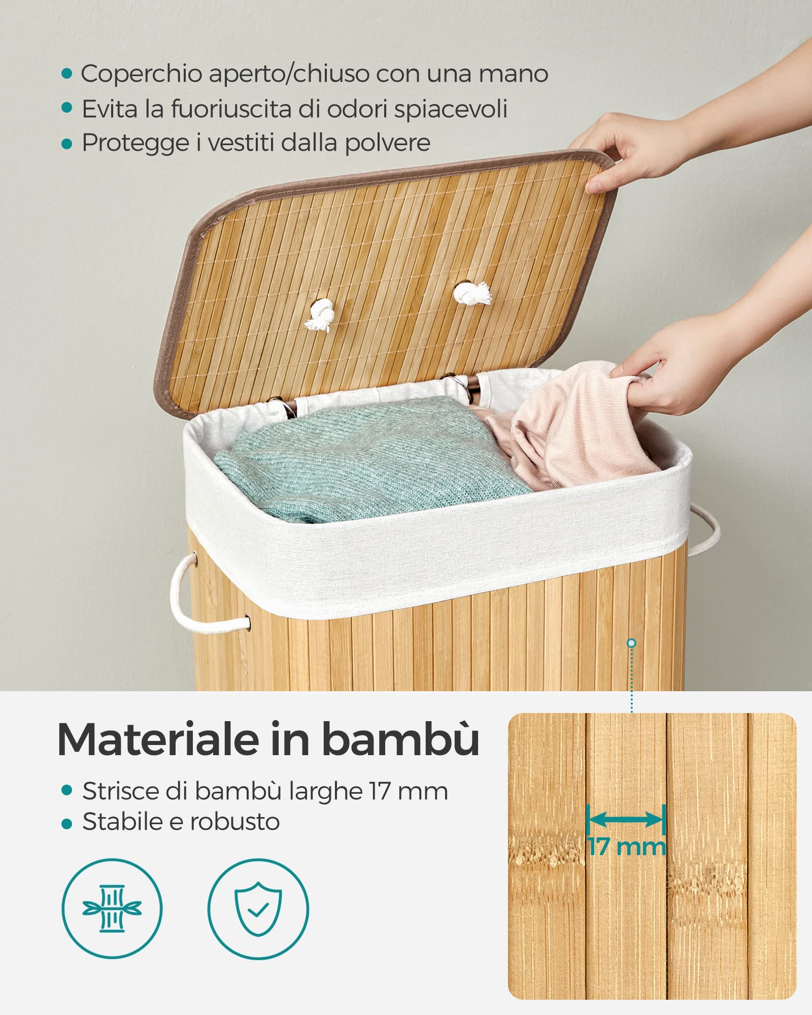 Songmics LCB10Y cesta portabiancheria 72L naturale bambù