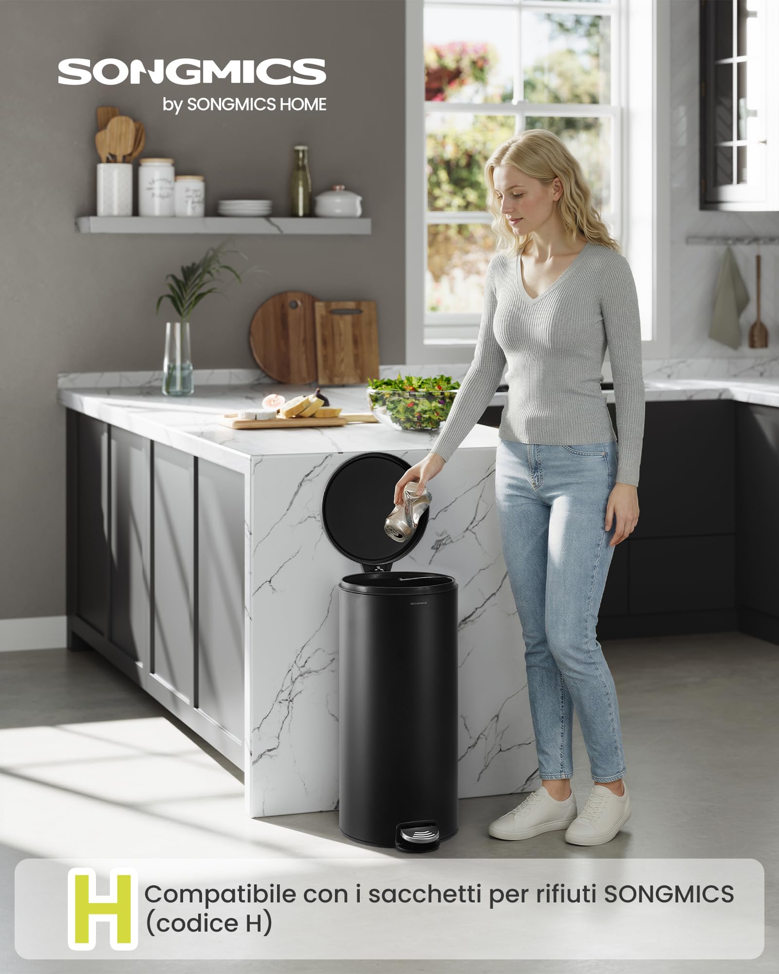 Songmics LTB031BZ02 pattumiera rotonda 30 L nero inchiostro acciaio