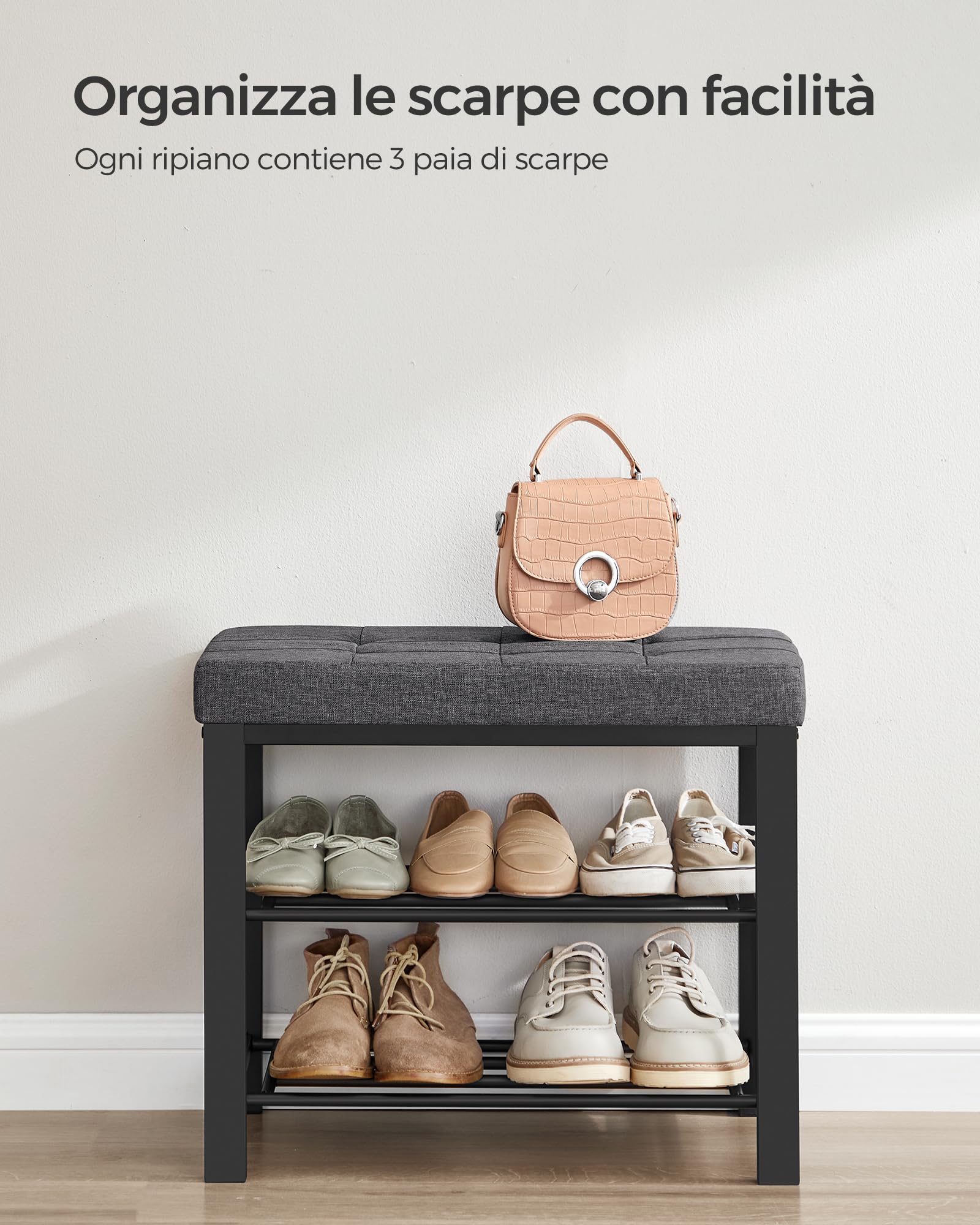 Songmics LBS576B33 panca scarpiera 60 cm grigio scuro 3 ripiani