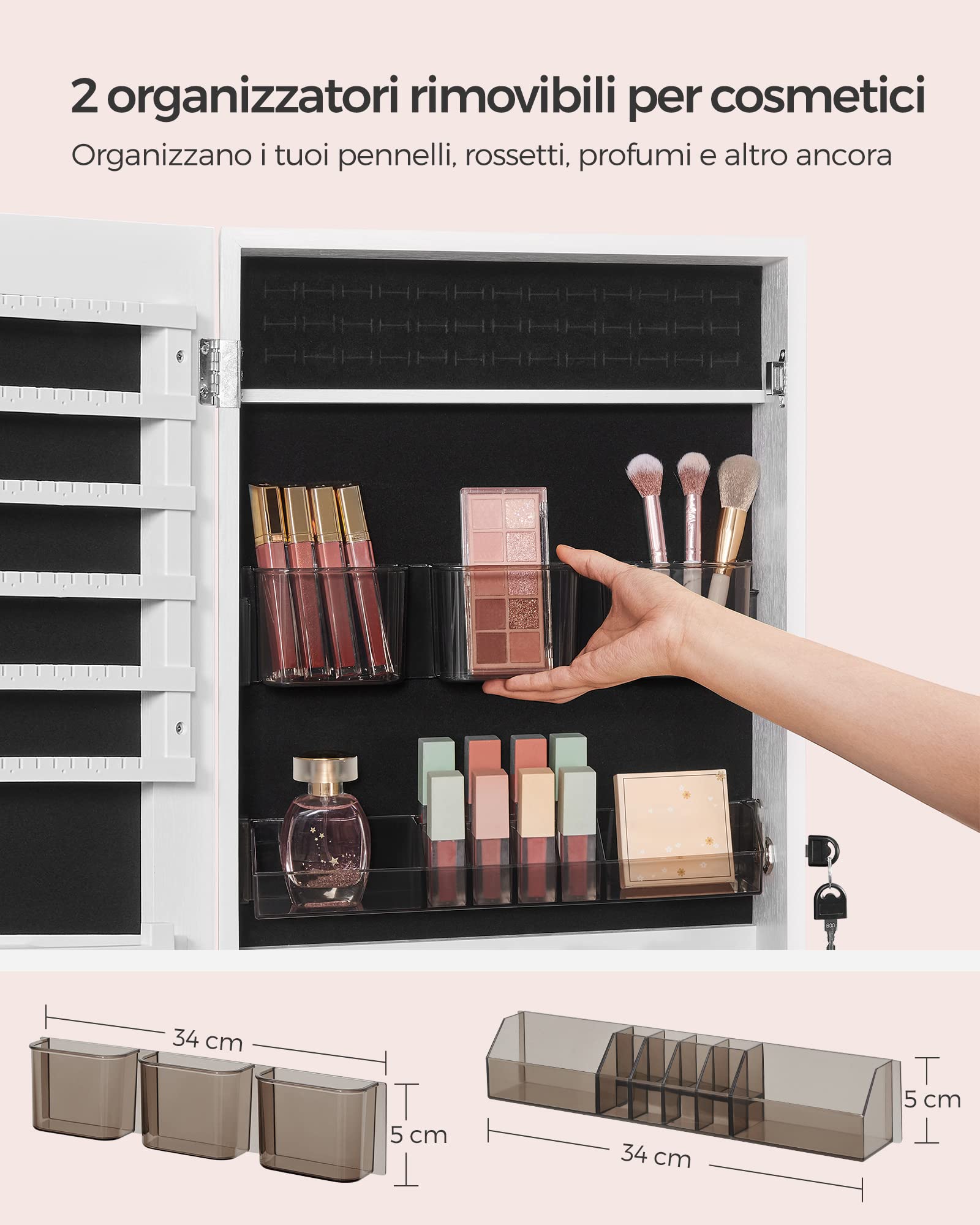 Songmics JJC001W01 Specchiera Portagioielli Bianco con Serratura