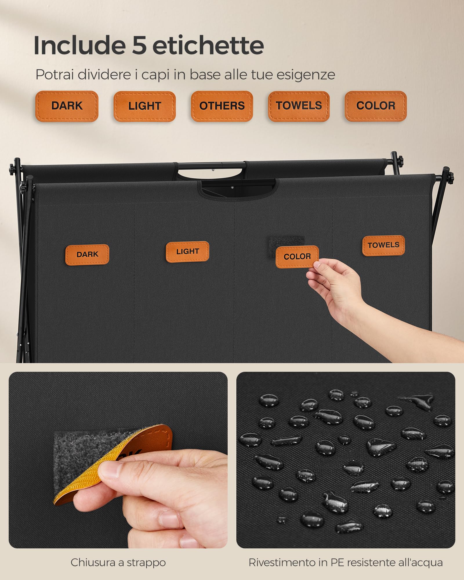 Songmics LCB140B01 cesto portabiancheria 155L nero 4 scomparti