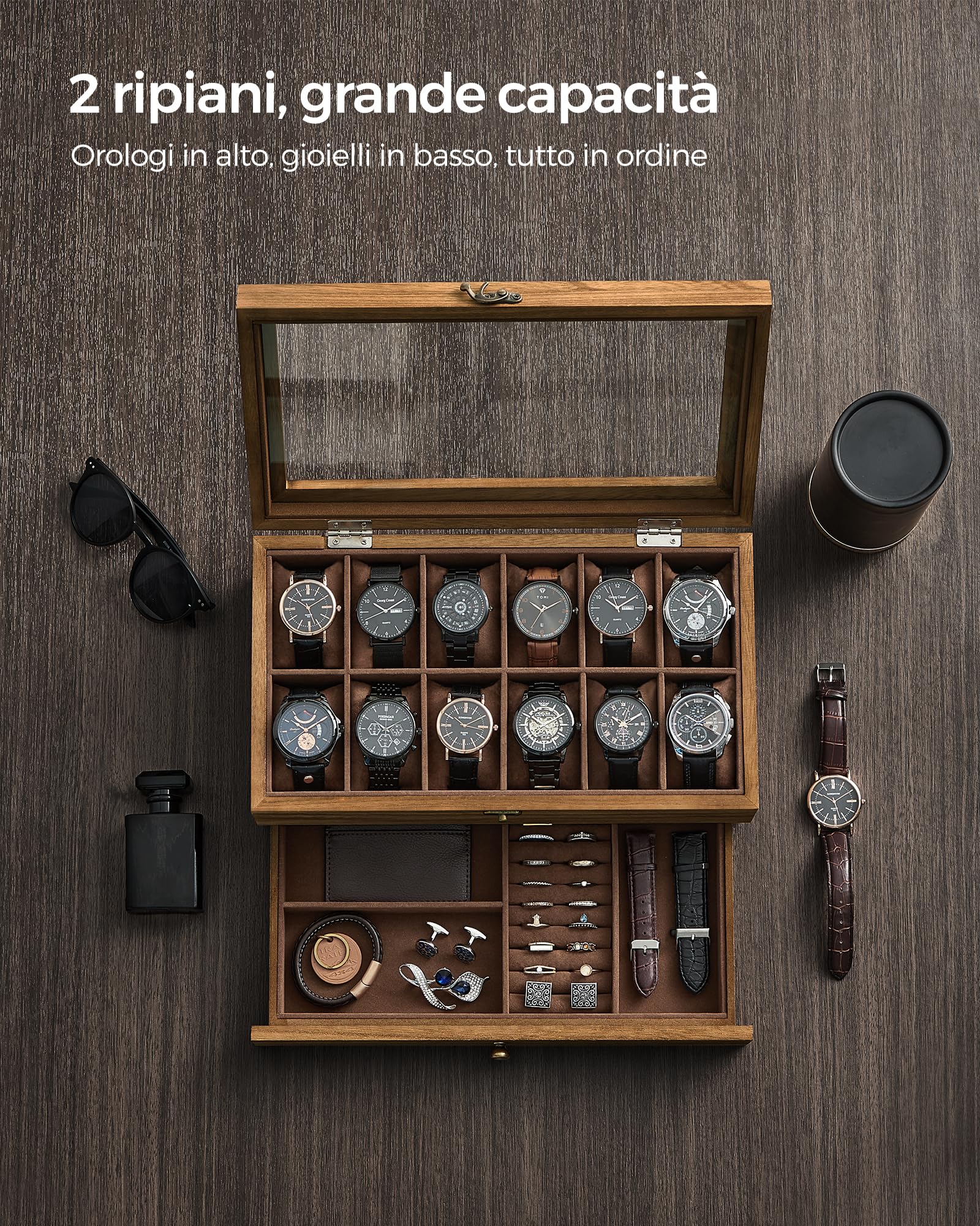 Songmics JOW012K01 scatola portaorologi 12 scomparti noce rustico