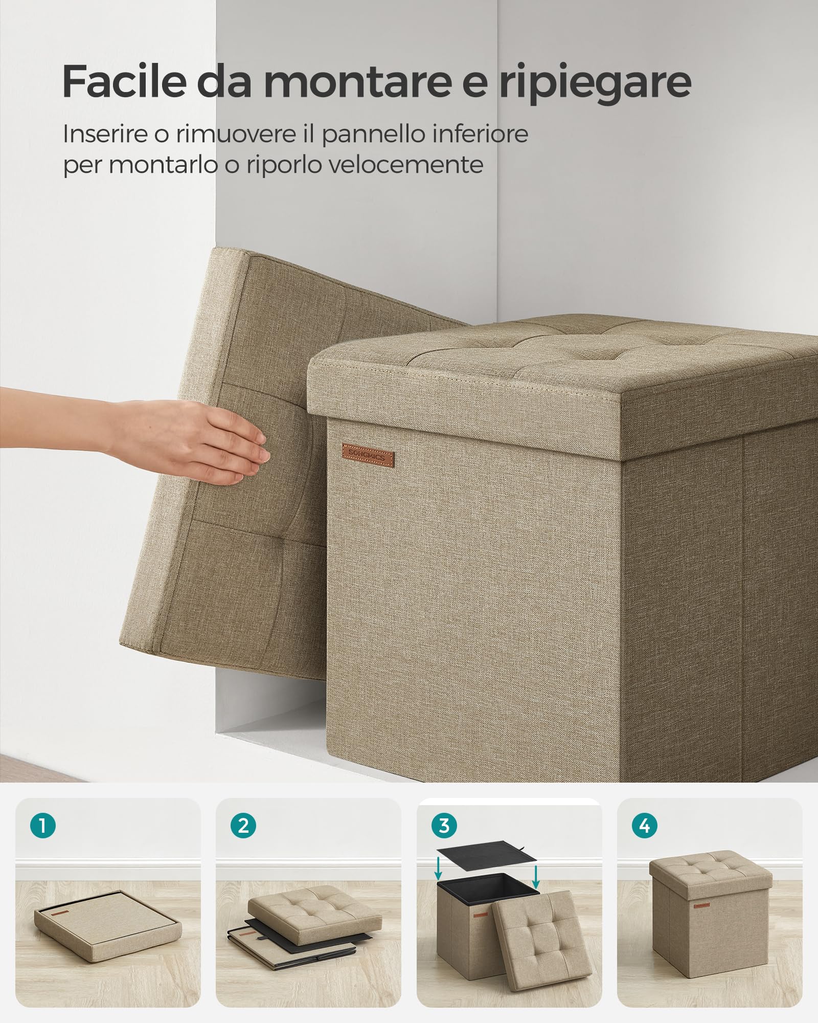 Songmics LSF027K01 pouf contenitore 38 cm marrone cammello pieghevole
