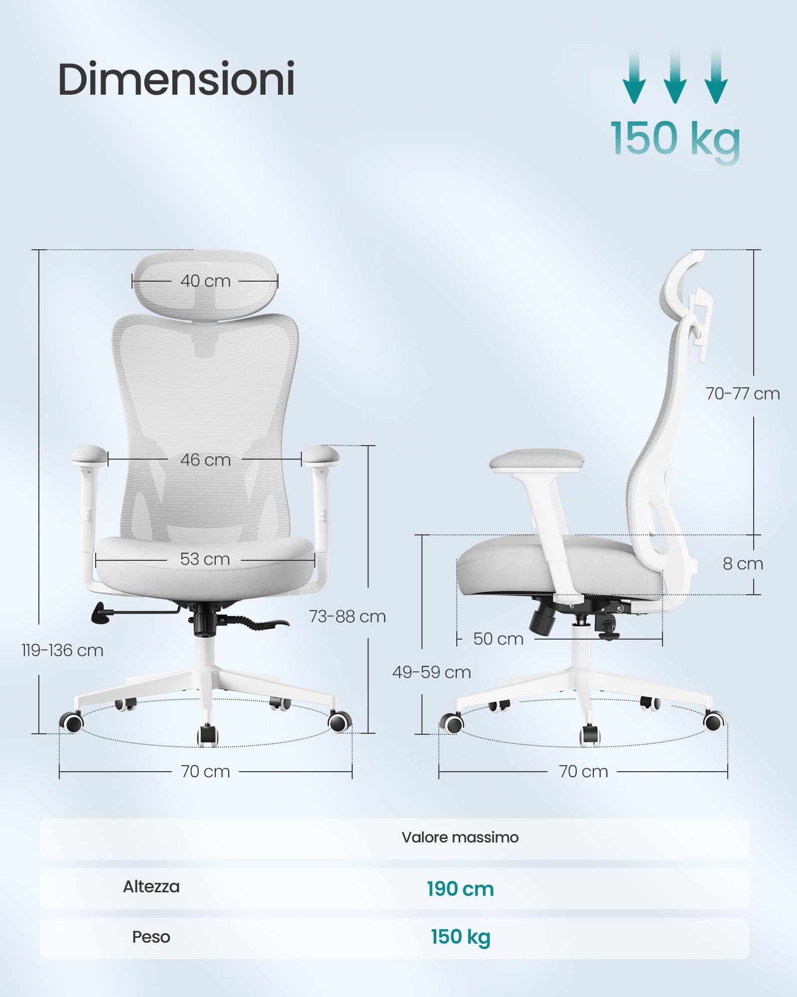 Songmics OBN066GD01 sedia ufficio ergonomica grigio 150 kg