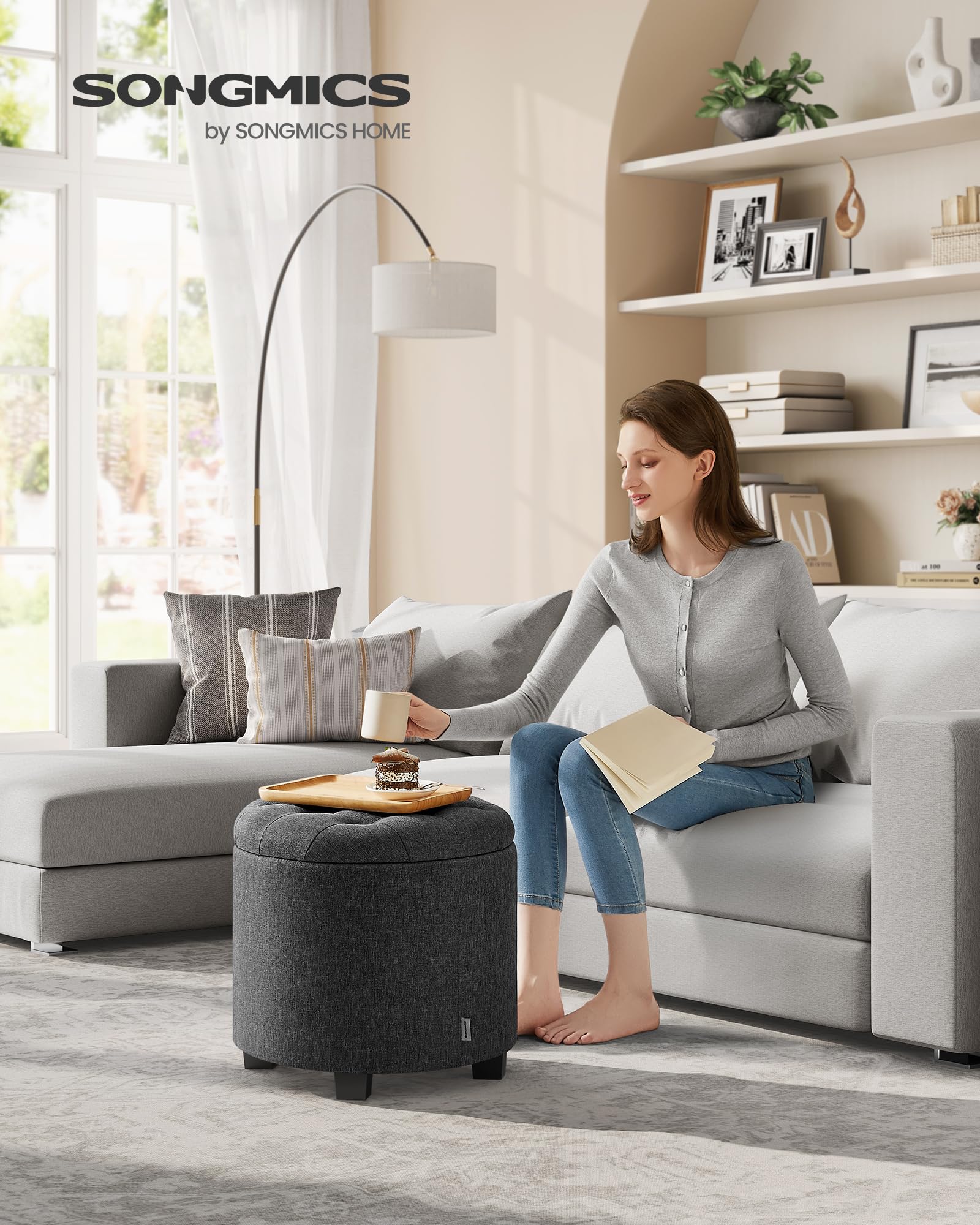 Songmics LOM011G01 pouf contenitore rotondo grigio scuro 42L