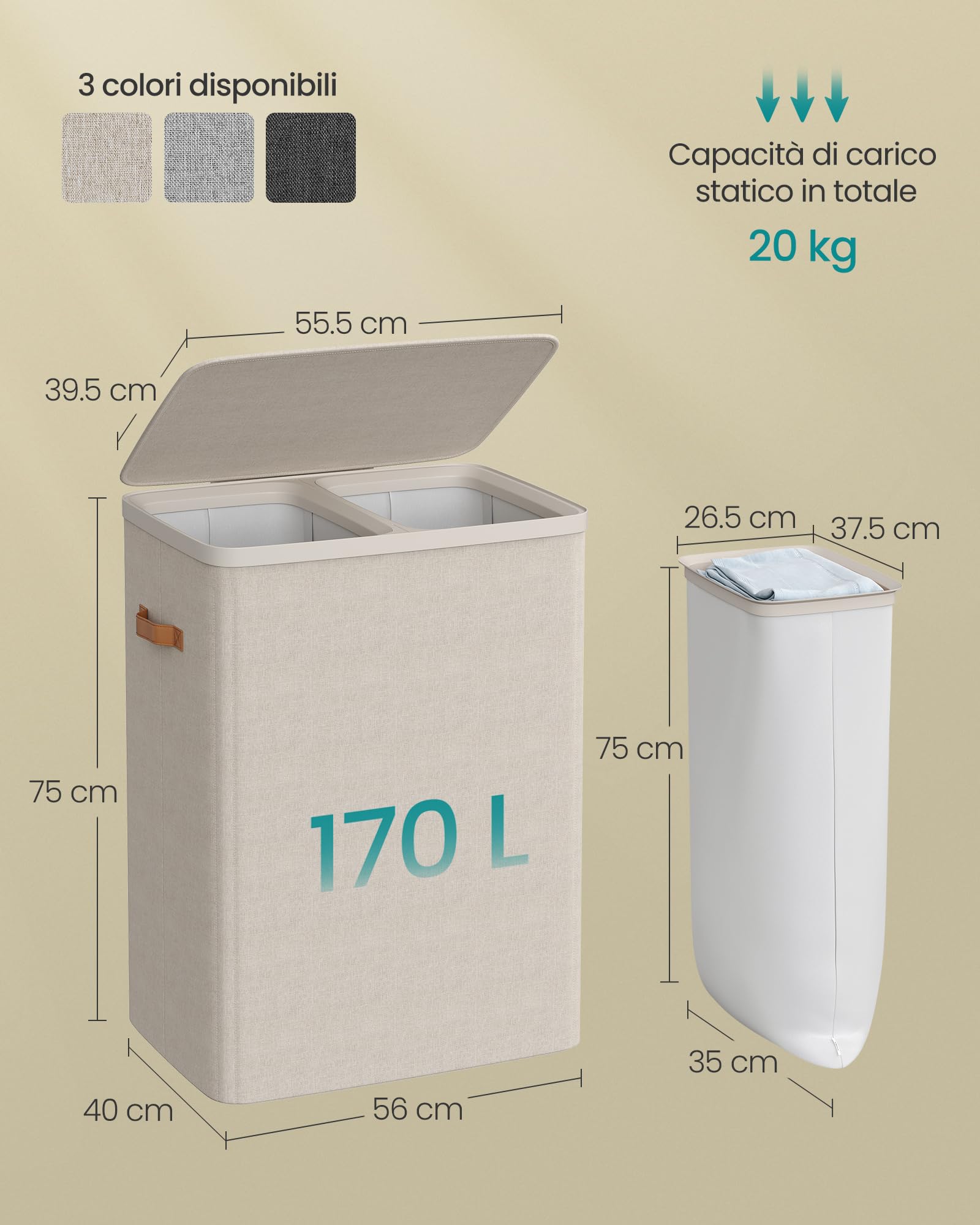 Songmics LCB813L01 cesto portabiancheria 170L beige 2 scomparti