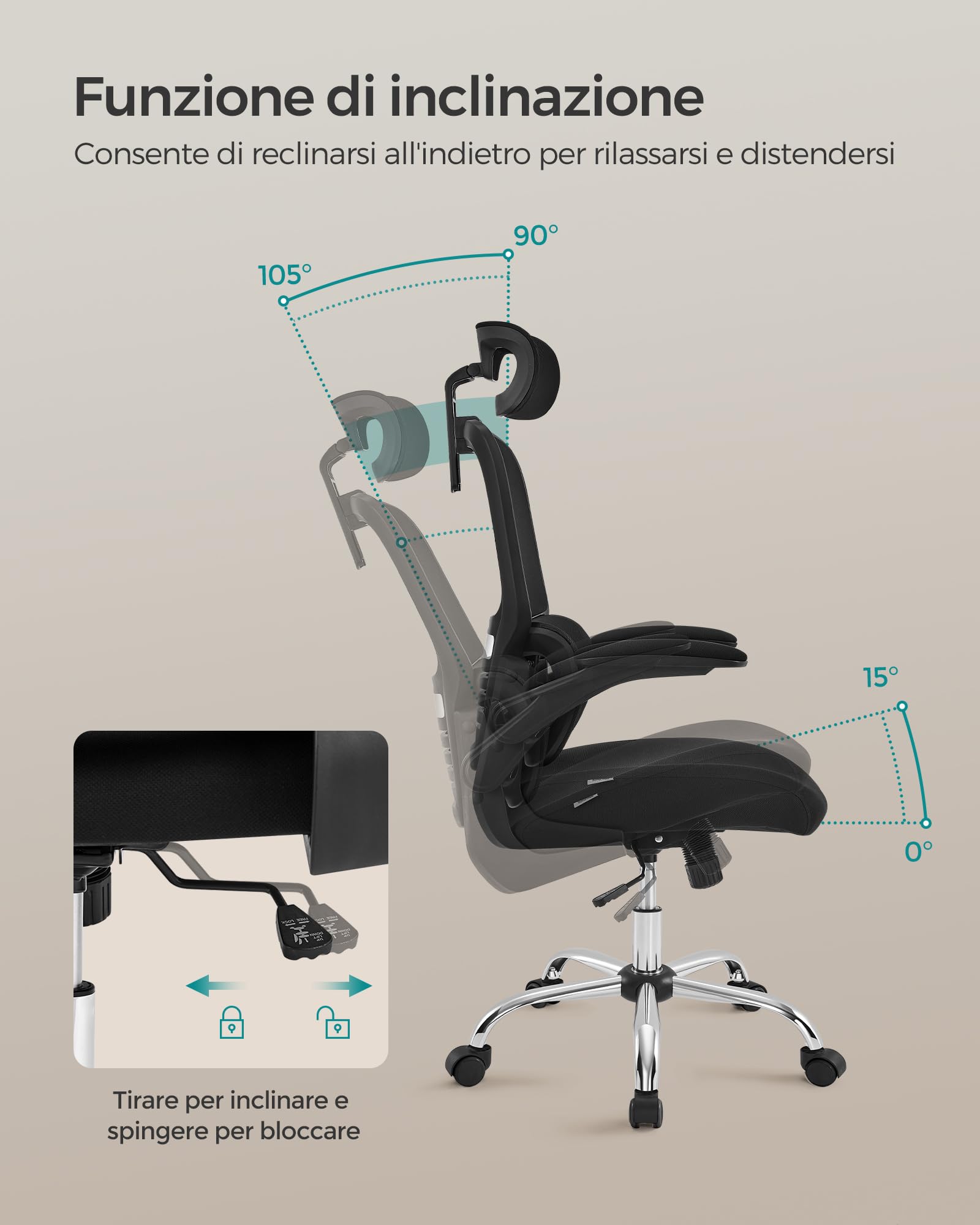 Songmics OBN040B01 Sedia Ufficio Rete Nera Ergonomica