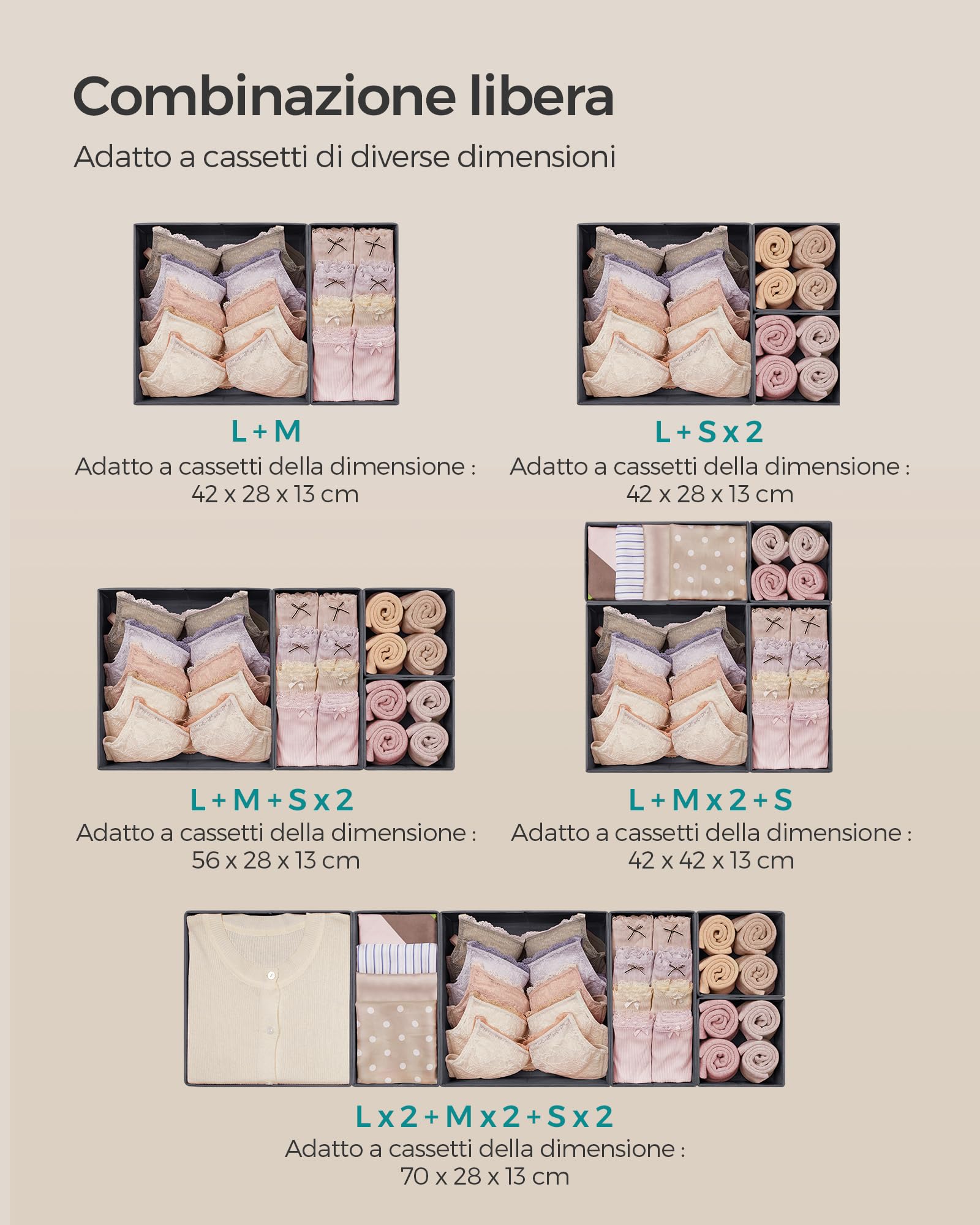 Songmics RDZ06G Divisore Cassetti Set 6 Grigio Ardesia