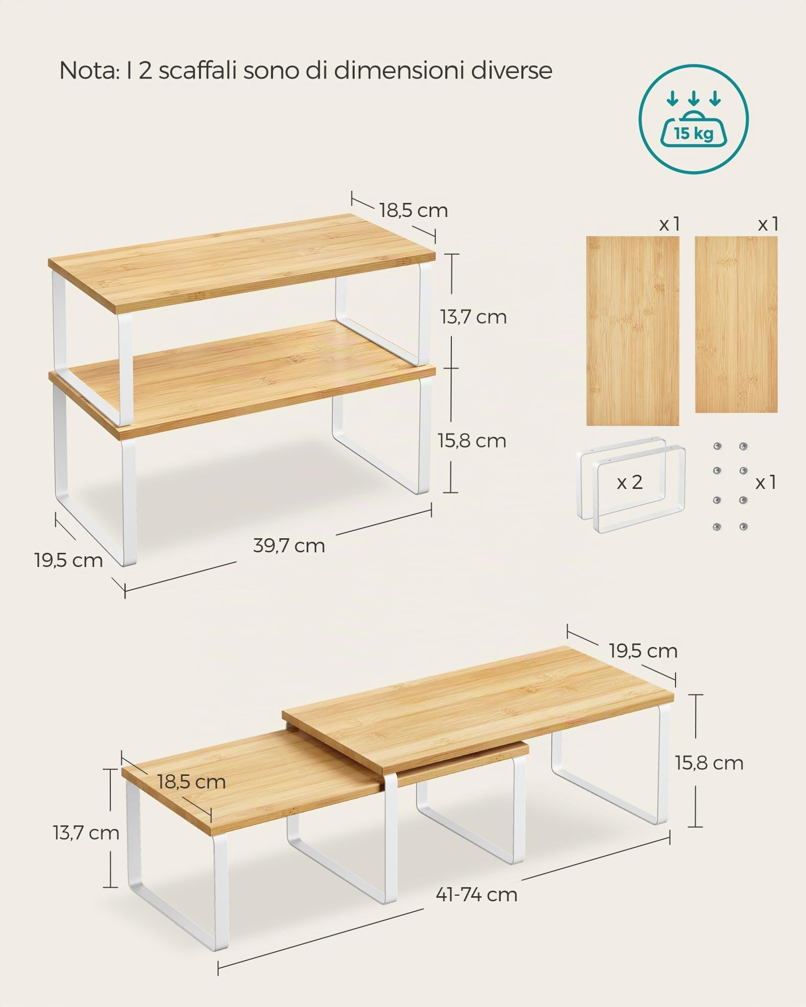 Songmics KCS210W01 set 4 scaffali cucina bianco beige impilabili