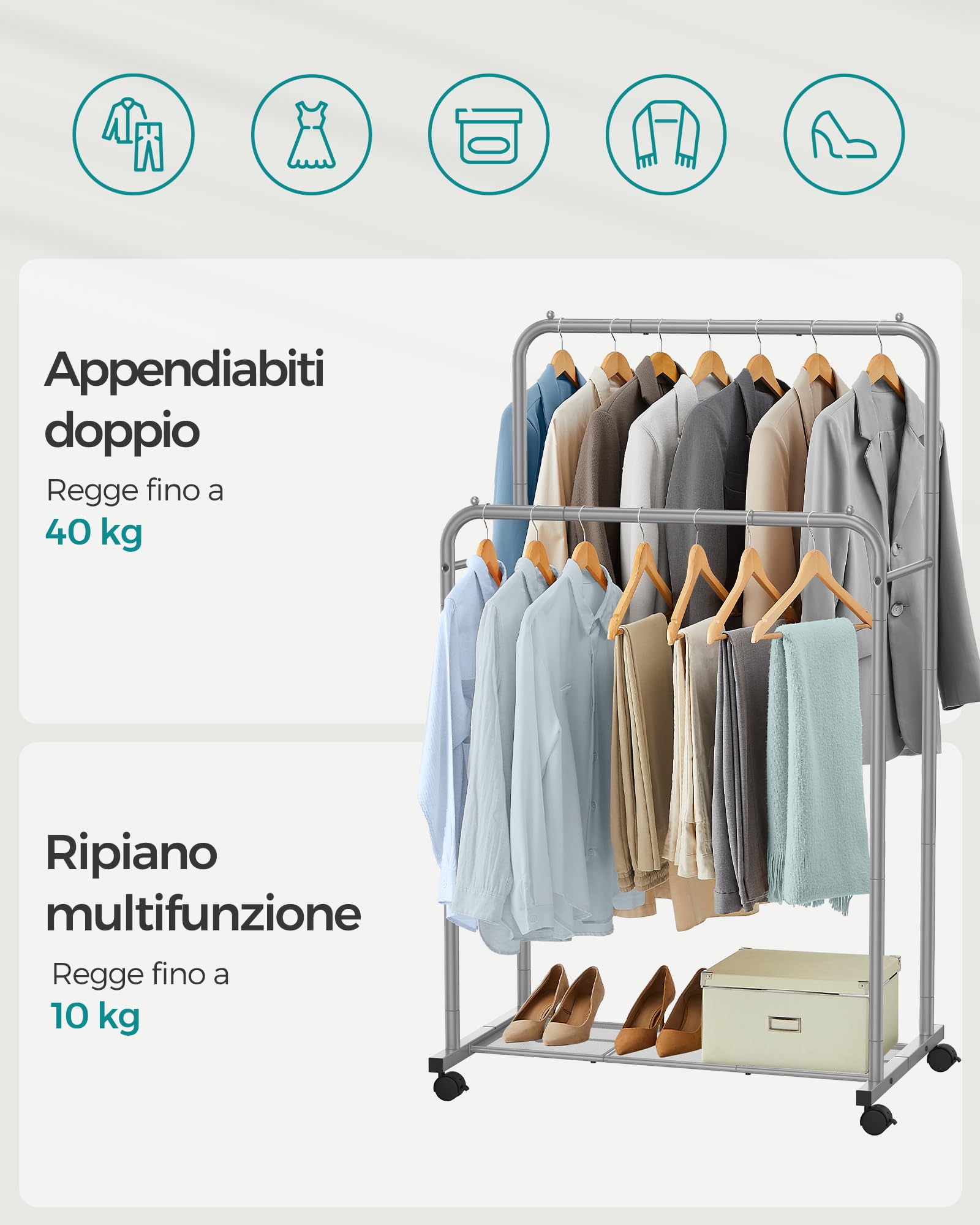Songmics appendiabiti metallo 92,5 cm con rotelle e ripiano