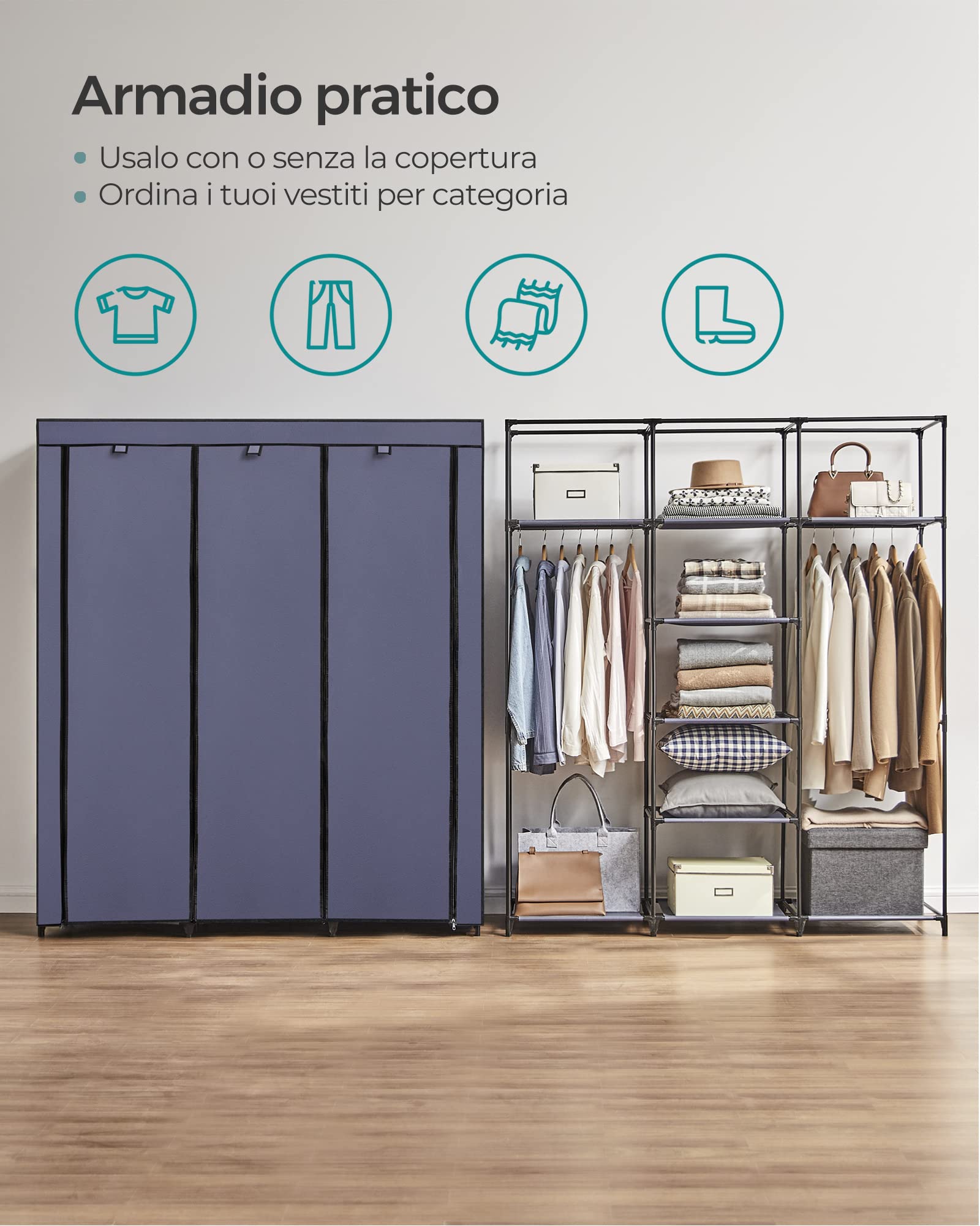 Songmics Armadio in Tessuto 45x150x175 cm 2 Barre Antipolvere