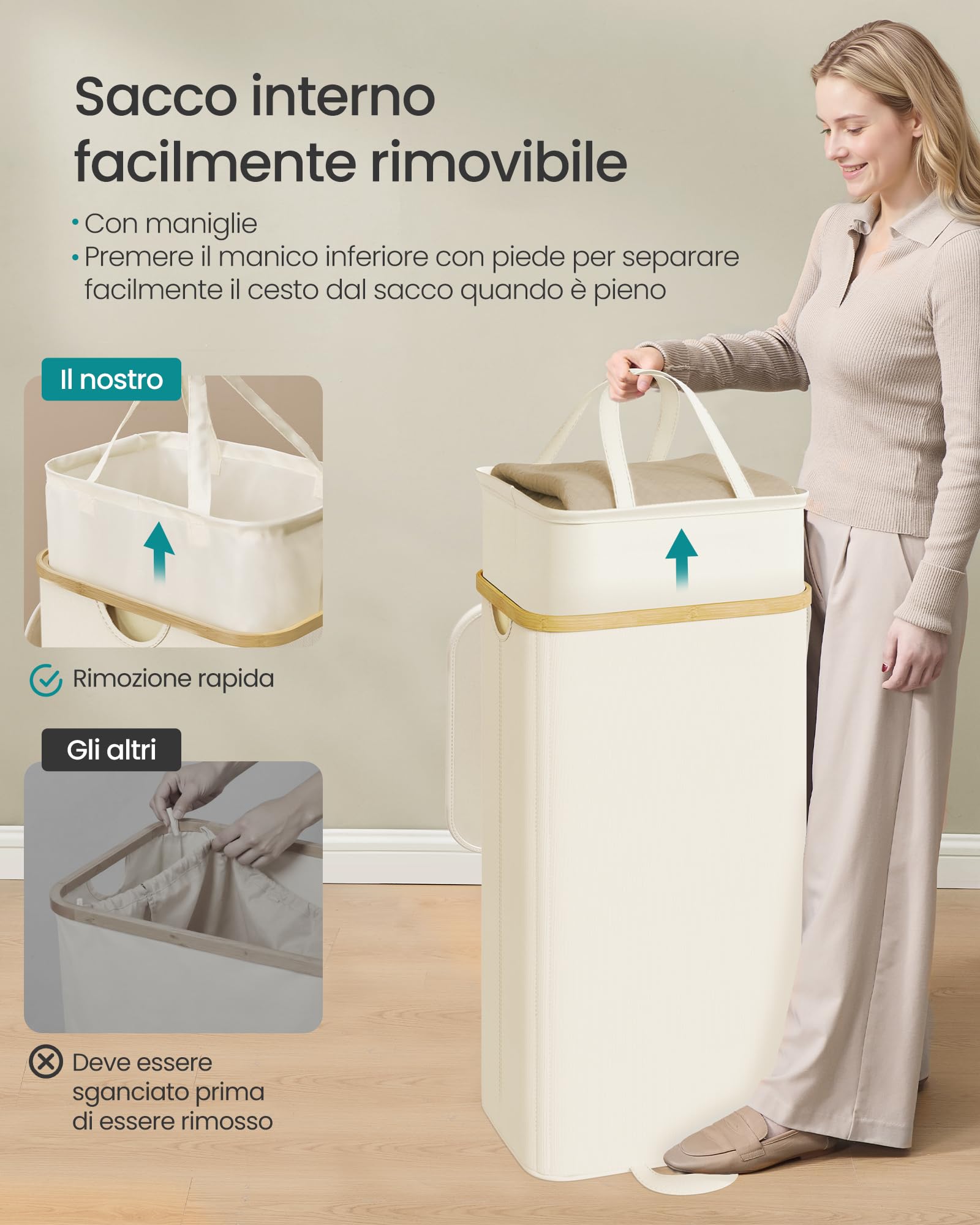 Songmics LCB531WD01 Cesto Portabiancheria 100 L Bianco Crema