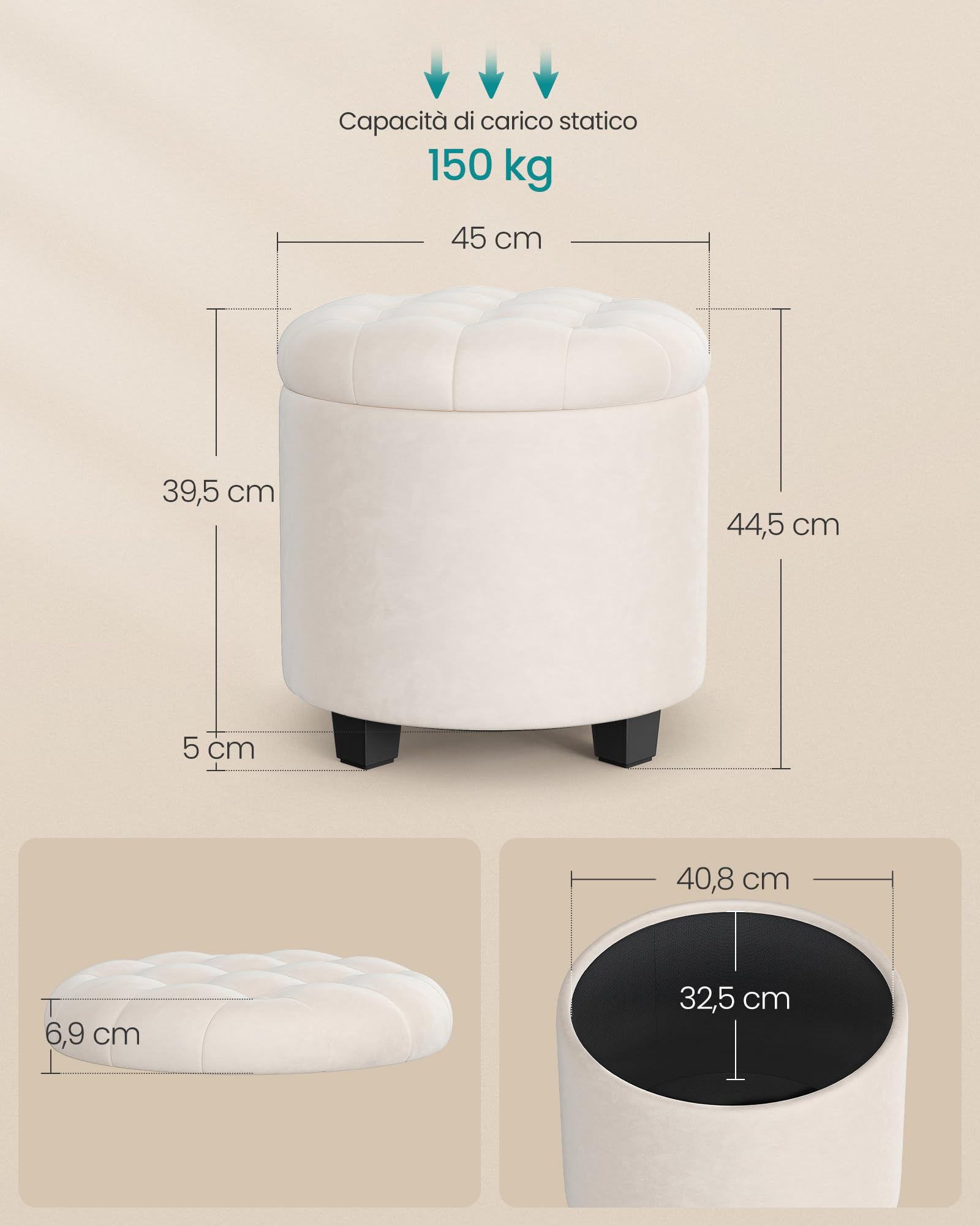 Songmics LOM012W01 pouf contenitore bianco crema 45 cm velluto