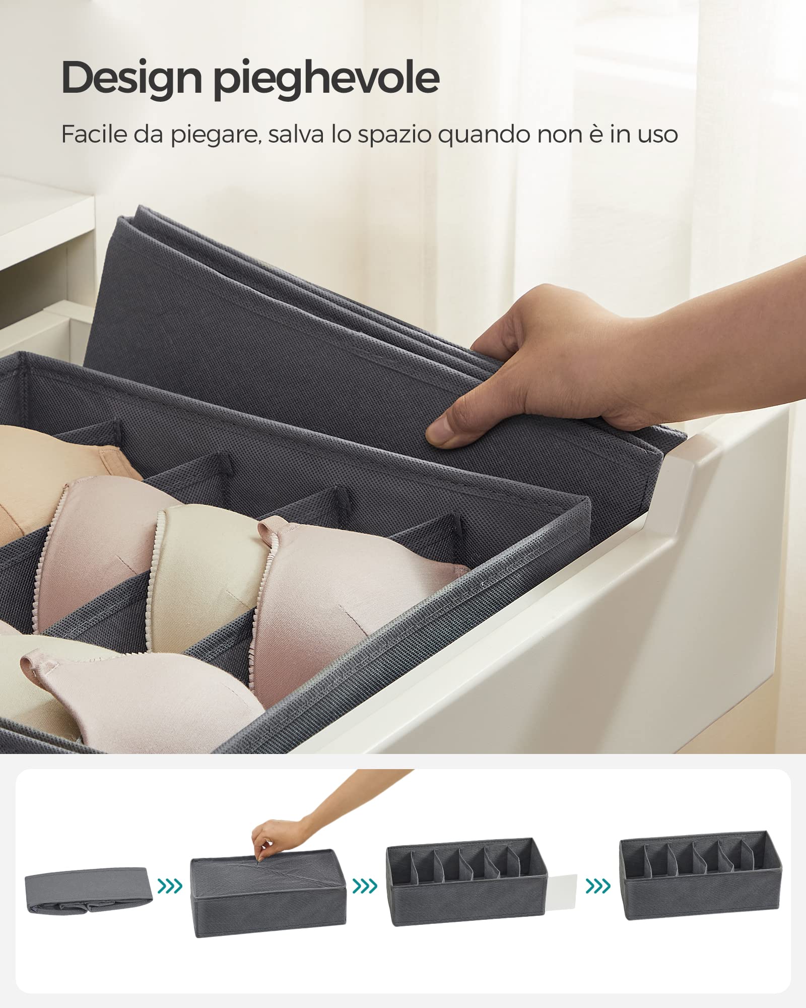 Songmics RUS08GY divisori cassetti grigio set 8 salvaspazio