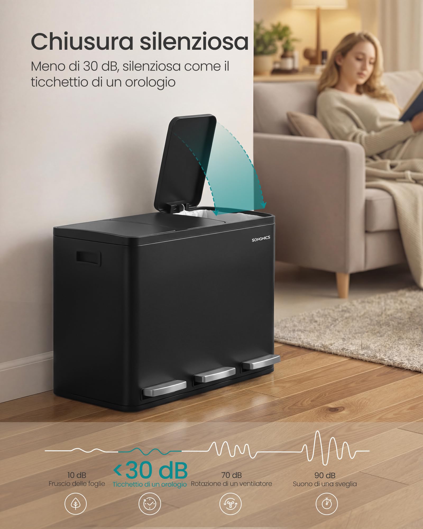 Songmics LTB145BZ02 pattumiera 3x15L nera acciaio silenziosa