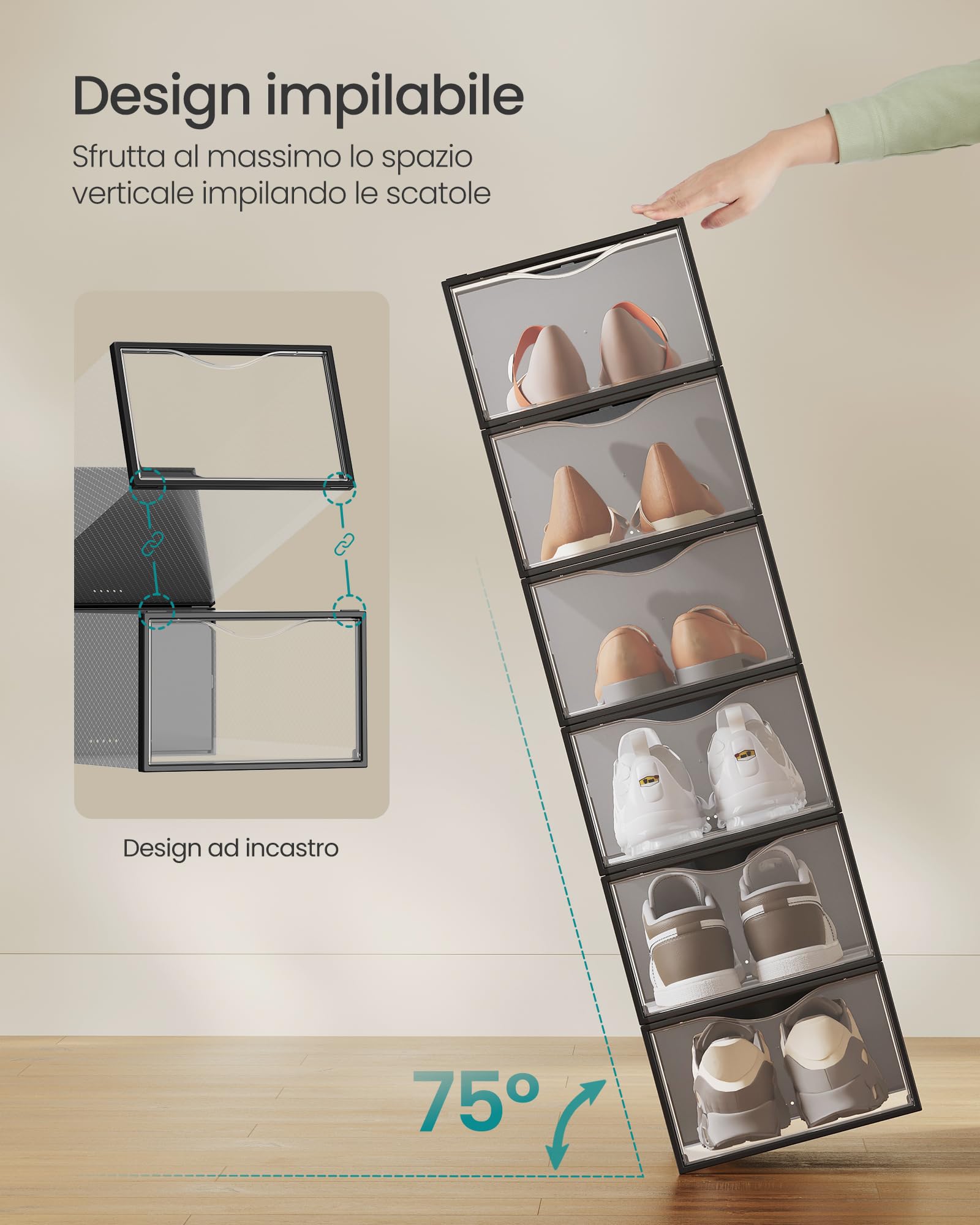 Songmics LSP312B01 scatole scarpe trasparenti 12 pezzi nere