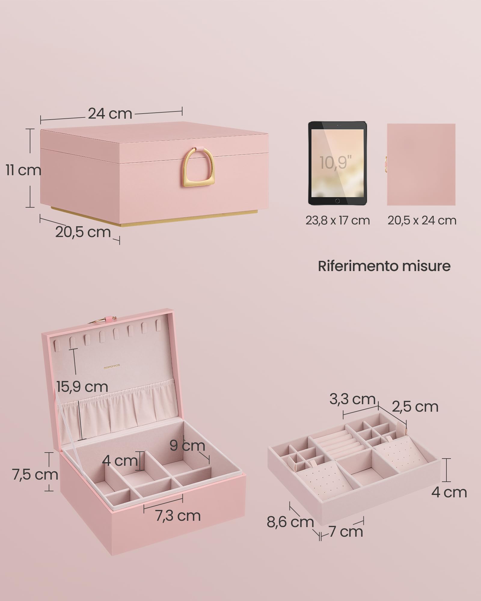 Songmics JBC165R01 scatola portagioie rosa 2 livelli velluto