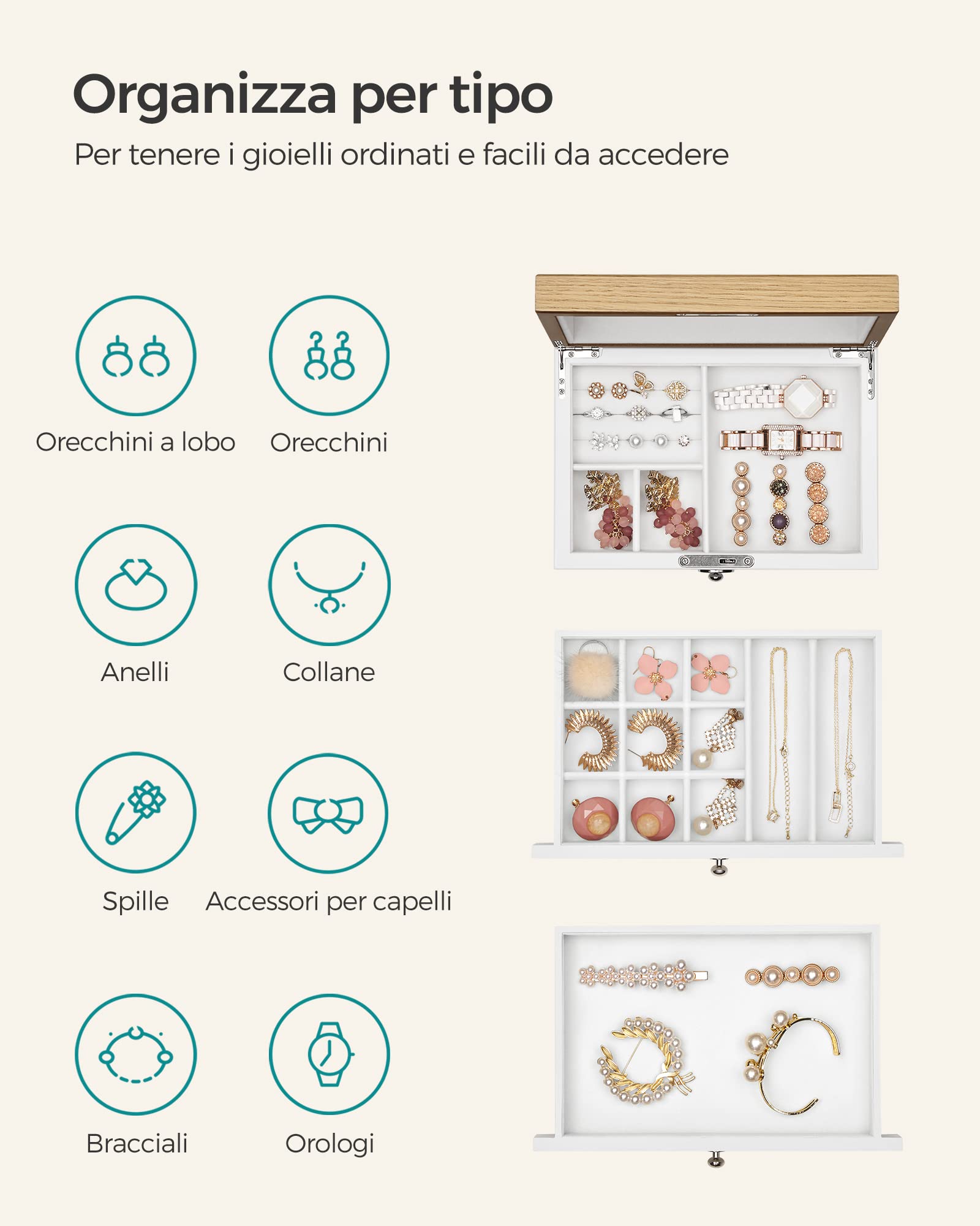 Songmics JOW15WN scatola portagioie bianco legno con specchio