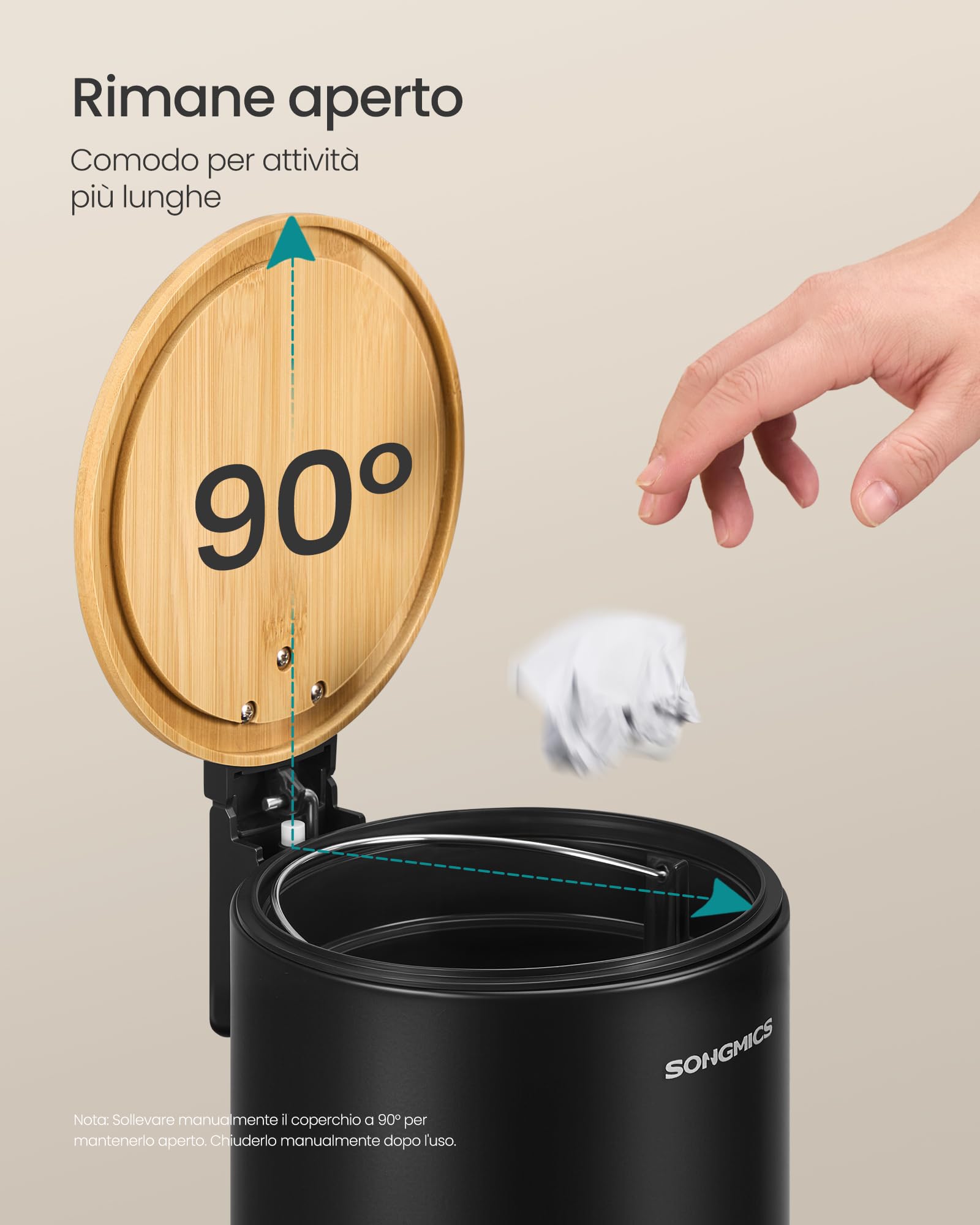 Songmics LTB113BZ01 pattumiera bagno nero 3 L bambù