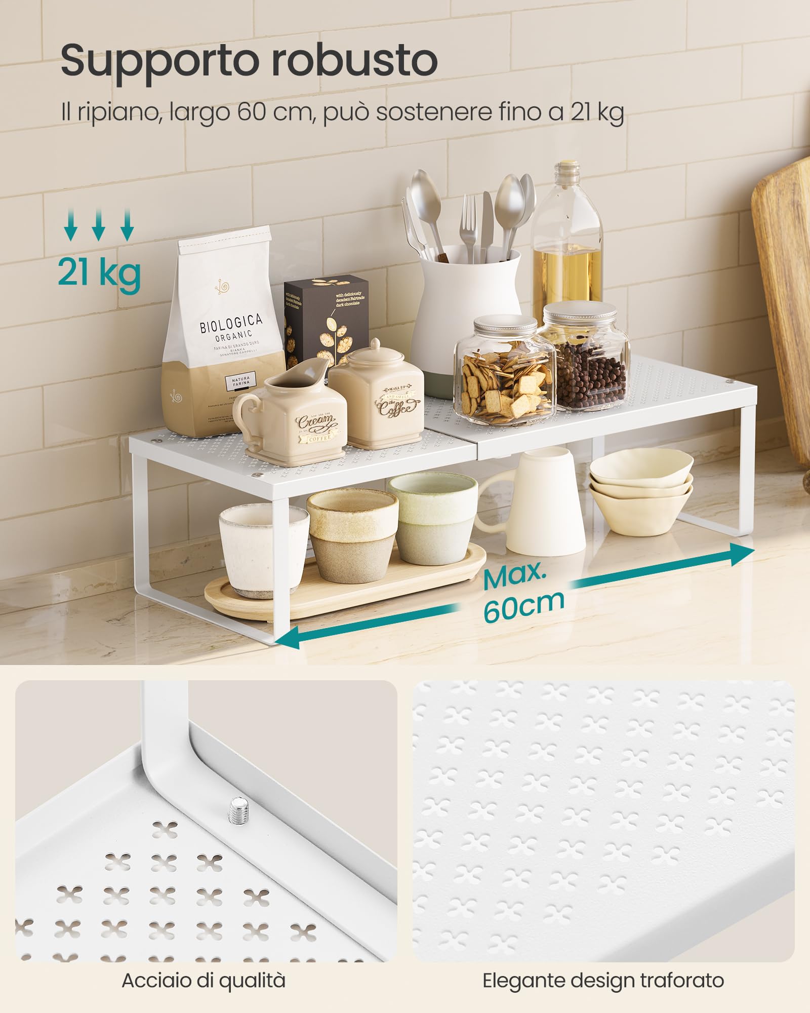 Songmics KCS007W01 scaffale portaspezie estensibile bianco 21 kg