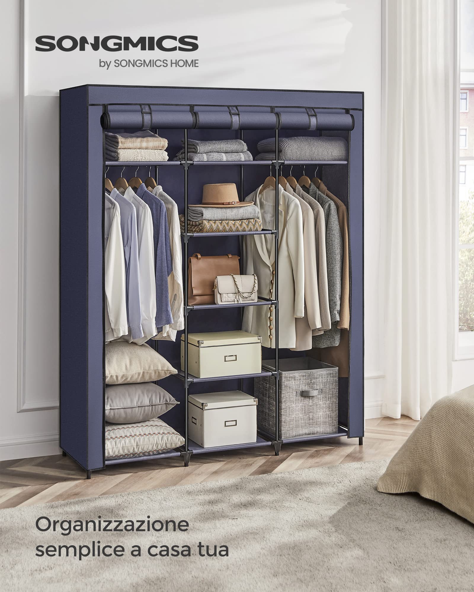 Songmics Armadio in Tessuto 45x150x175 cm 2 Barre Antipolvere