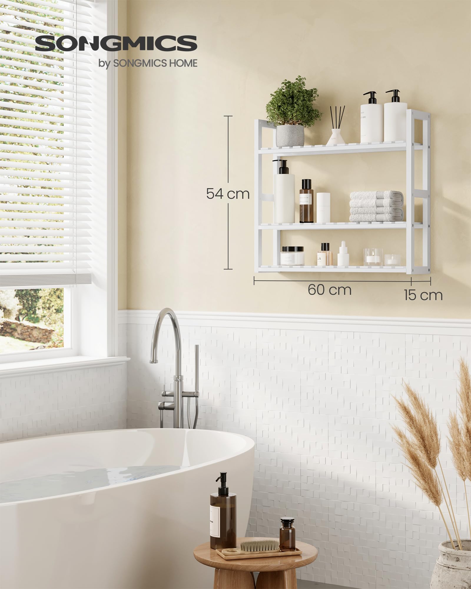 Songmics BCB13W Mensola Bagno Bambù 60x15x54 Bianca 3 Ripiani