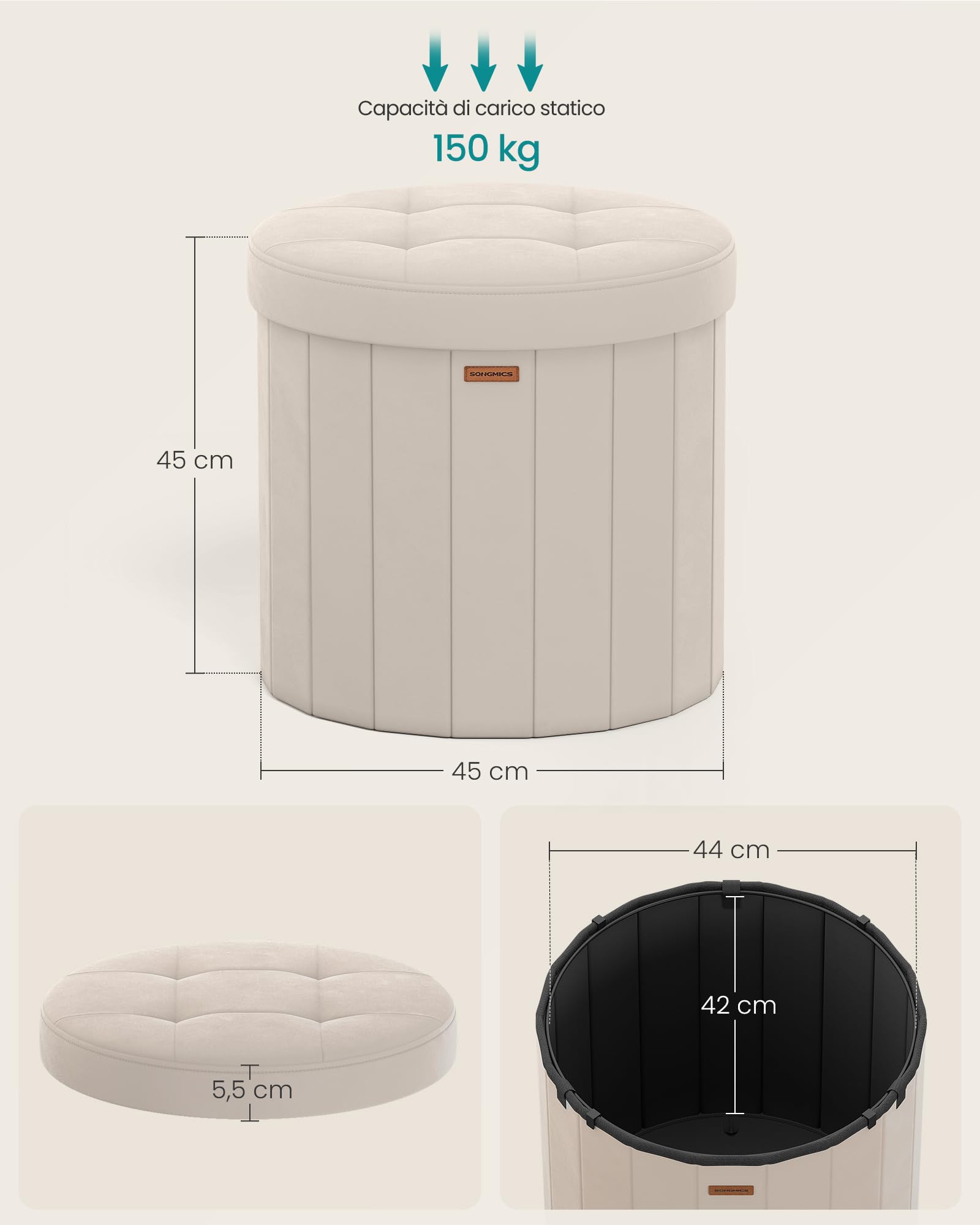 SONGMICS MAZIE LSF608L01 Pouf Contenitore Beige Cappuccino velluto