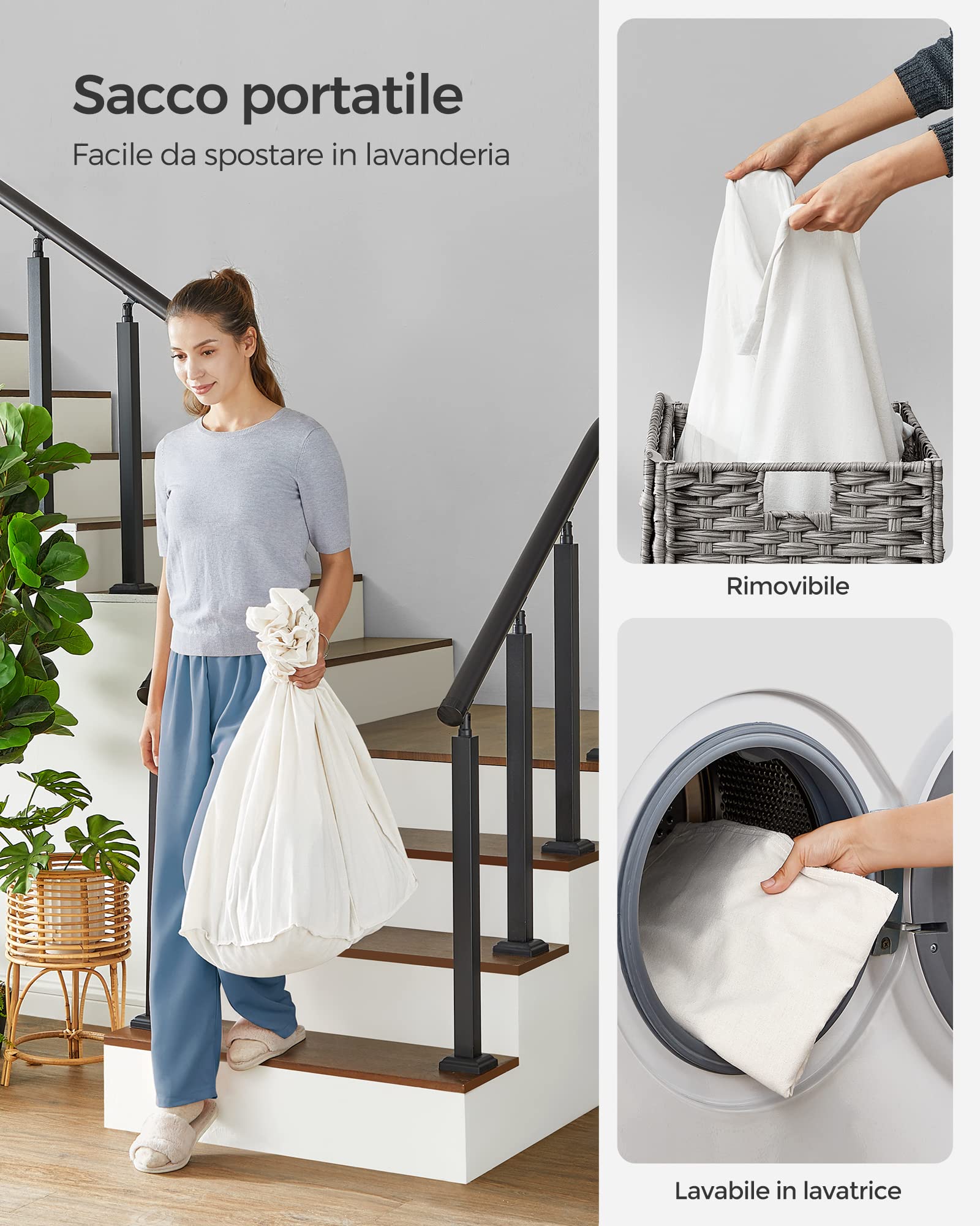 Songmics Cesto Portabiancheria 140L Grigio 3 Scomparti con Ruote