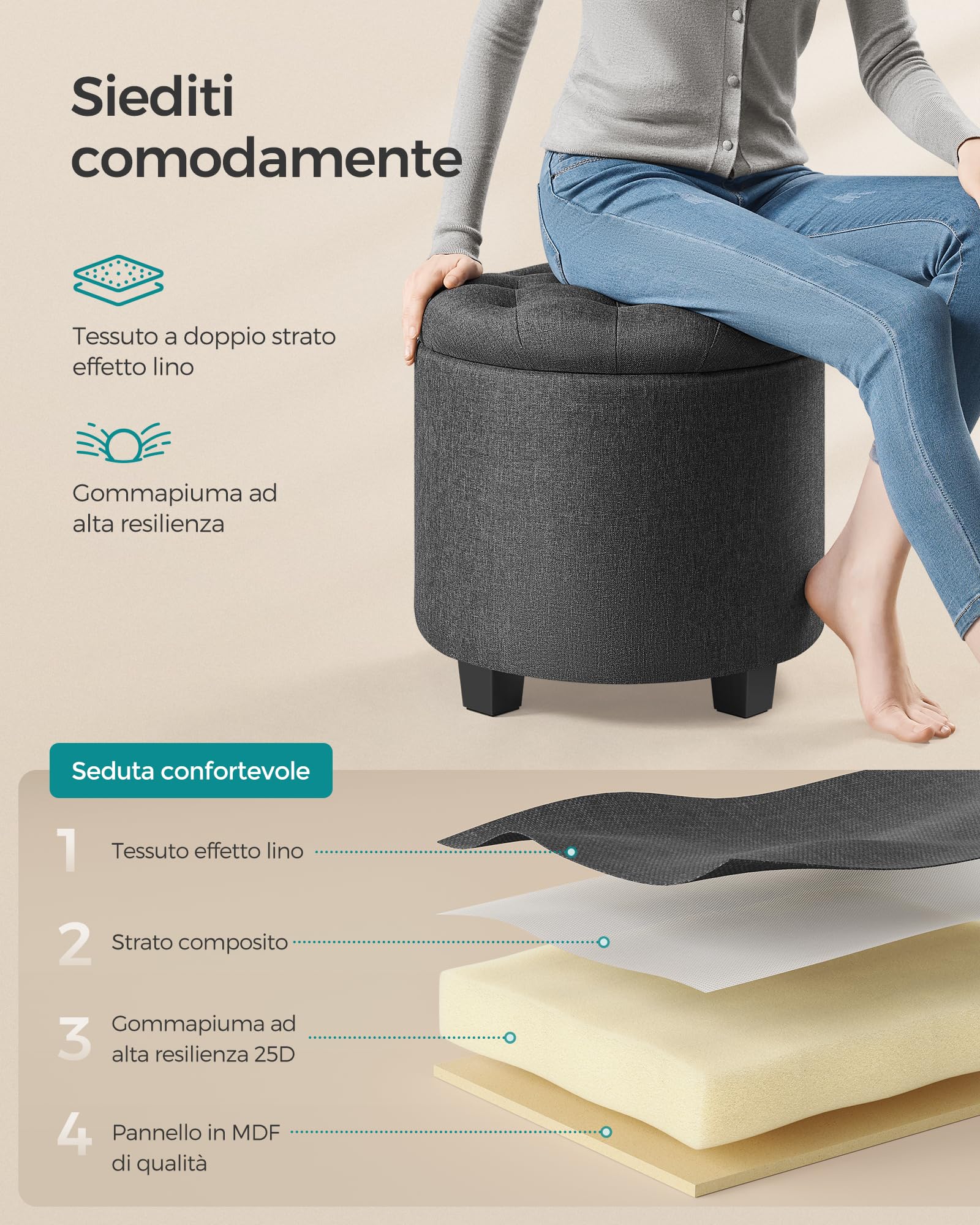 Songmics LOM011G01 pouf contenitore rotondo grigio scuro 42L