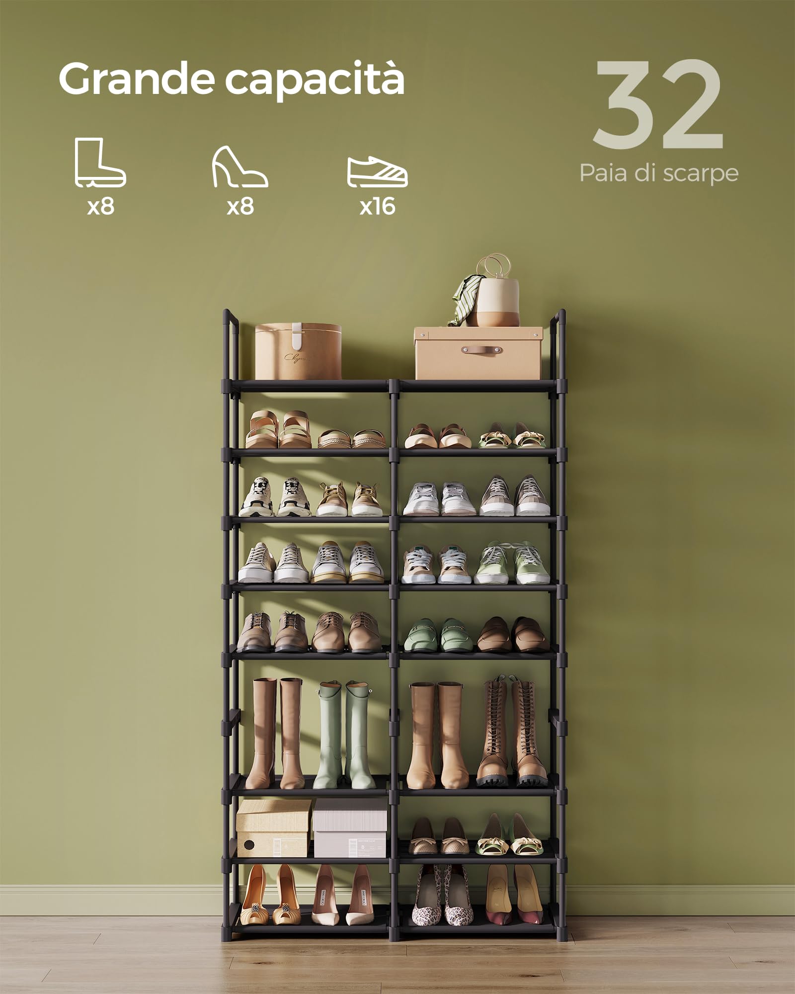 Songmics LSA219B01 scarpiera 8 livelli 32 paia nero inchiostro acciaio