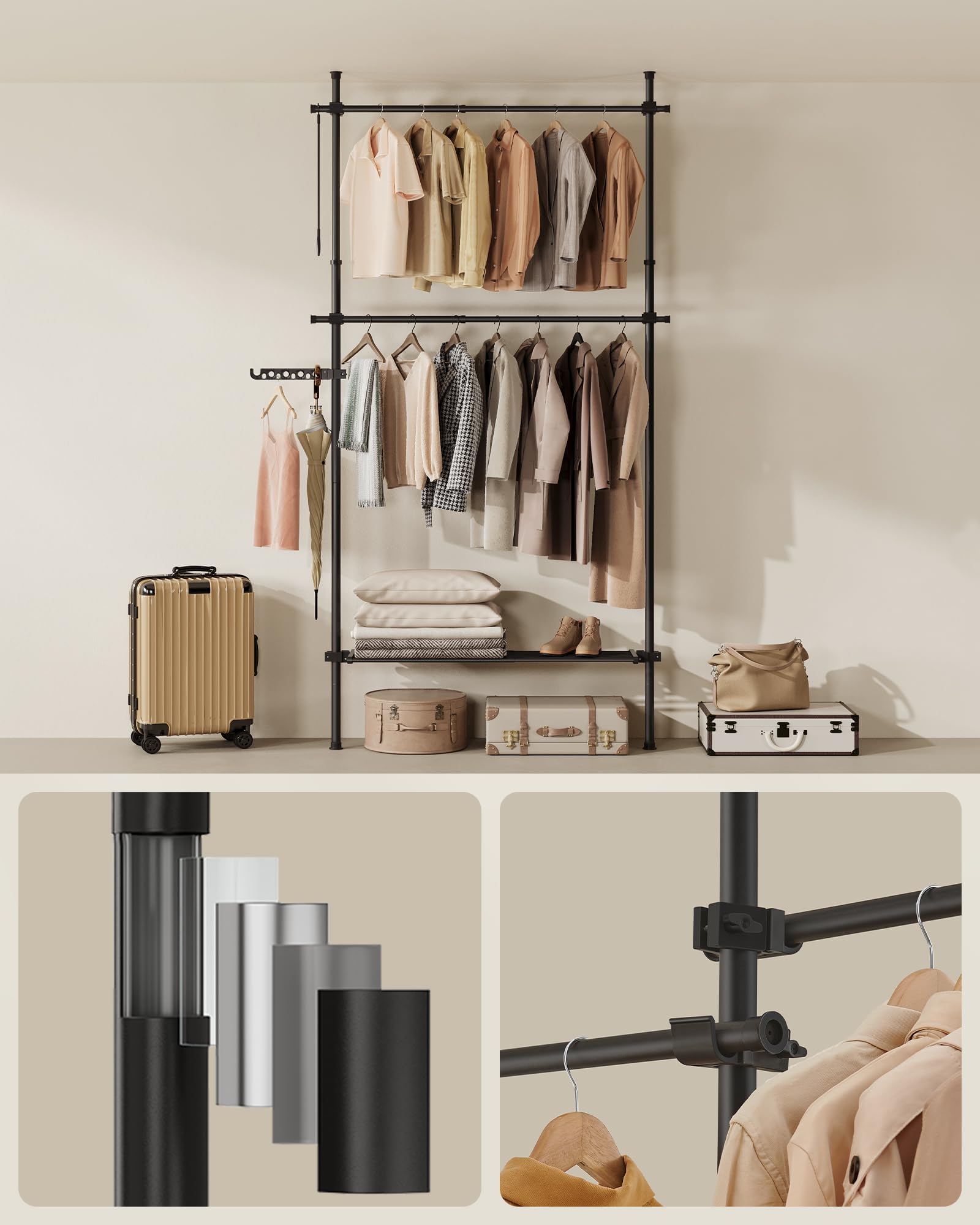 Songmics HSR136B01 appendiabiti pavimento-soffitto nero opaco