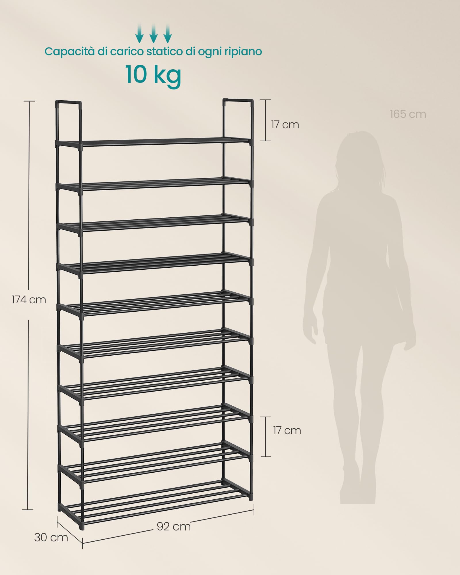 Songmics LSA10BK Scarpiera 10 Ripiani Nera 30x92x174 cm