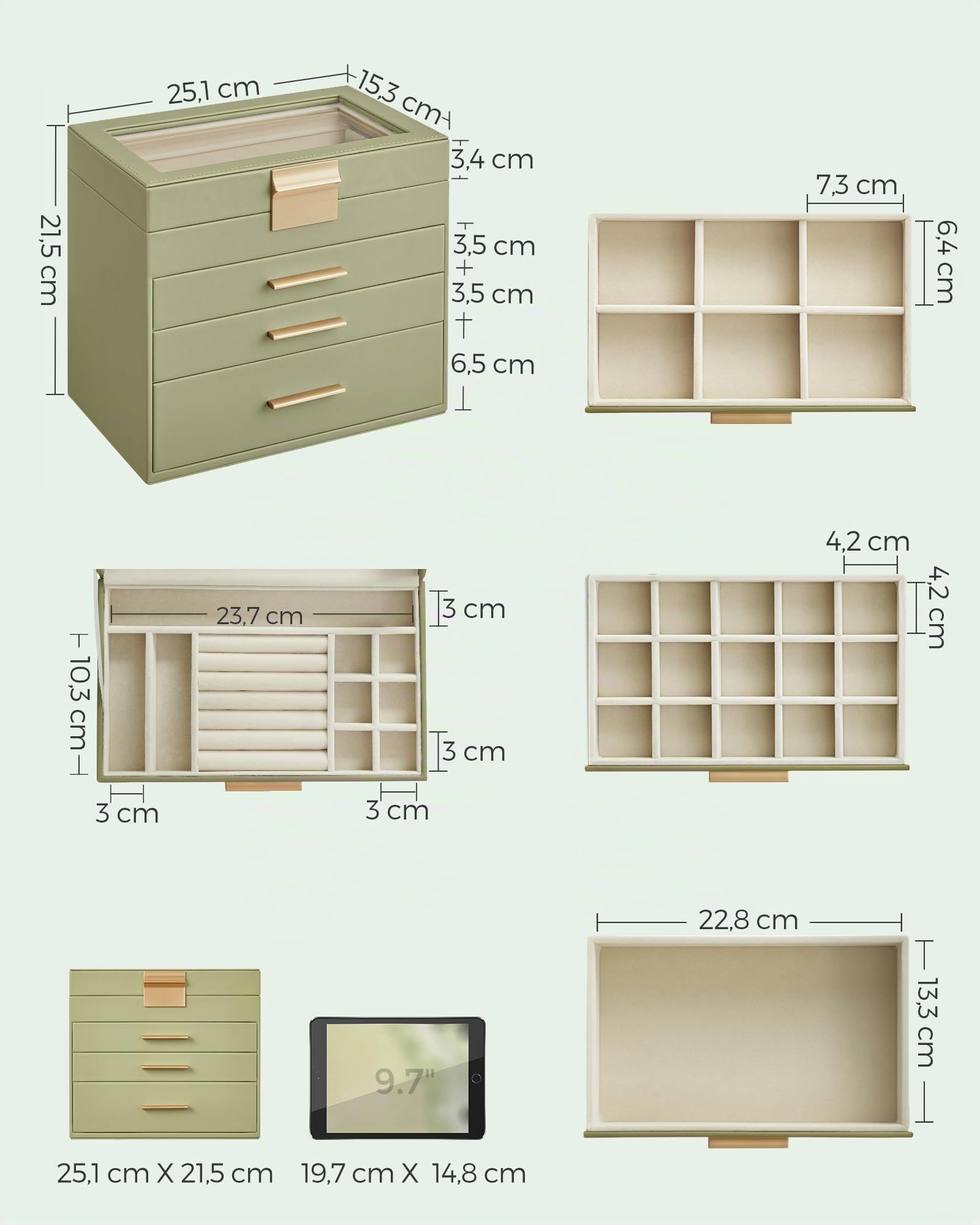Songmics JBC161C02 portagioie 4 livelli vetro verde oro