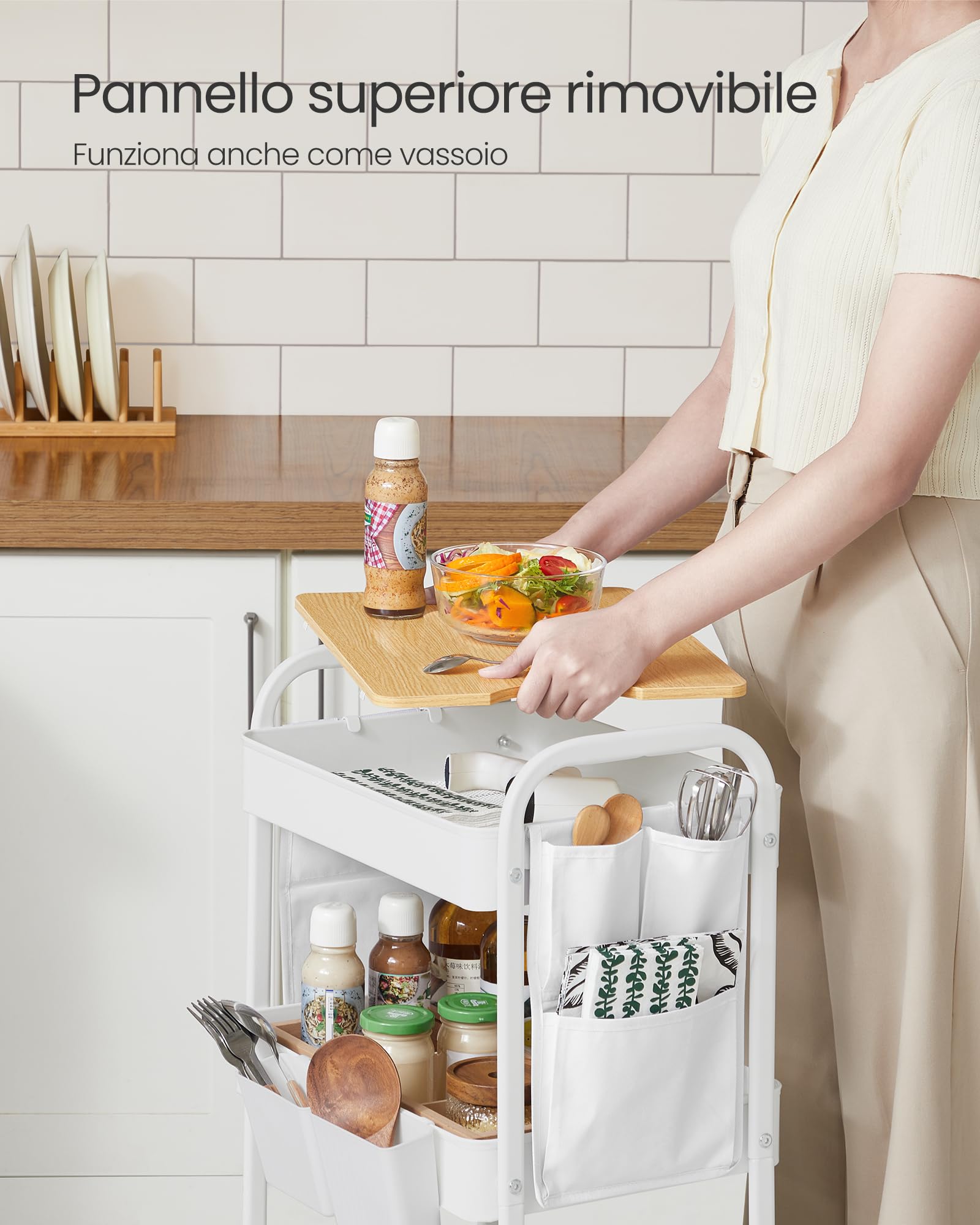 Songmics LRC036W01 carrello 3 ripiani bianco nuvola con ruote