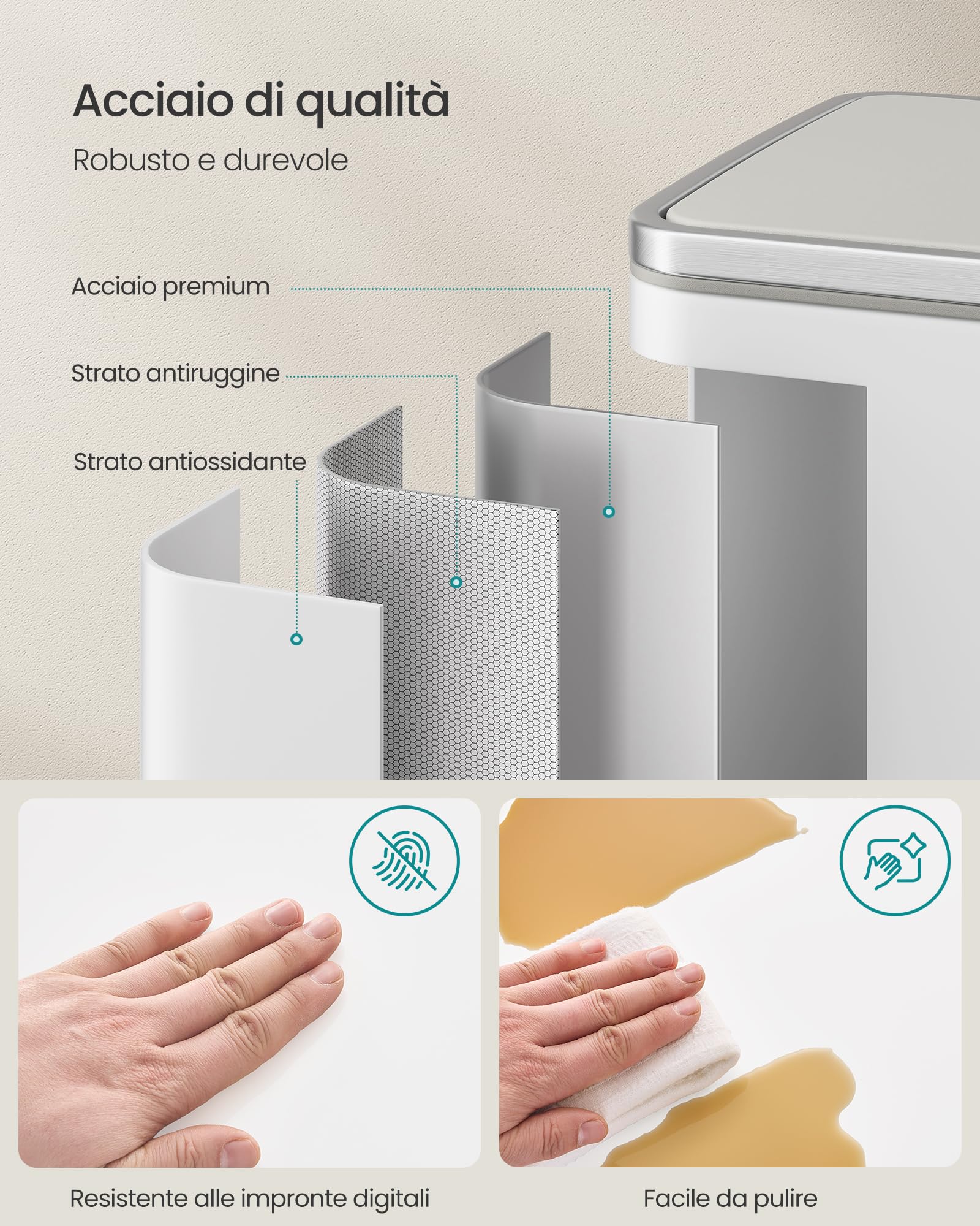 Songmics LTB595WC01 pattumiera cucina bianca 50 L acciaio