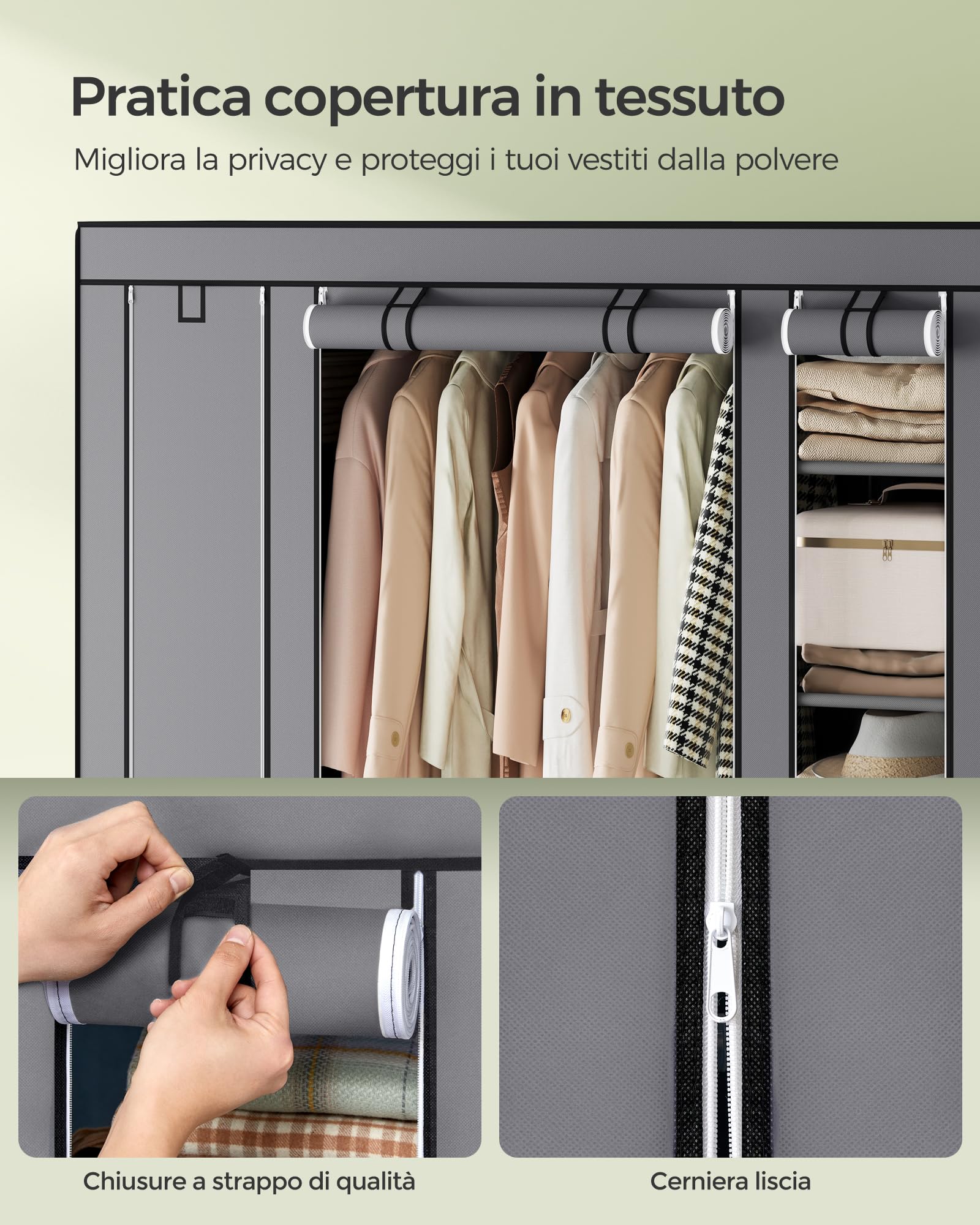 Songmics LSF03G armadio tessuto 150x45x175 cm grigio 12 ripiani