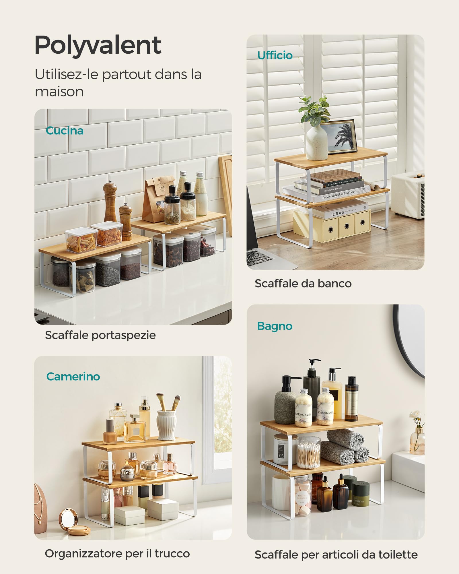 Songmics KCS210W01 set 4 scaffali cucina bianco beige impilabili