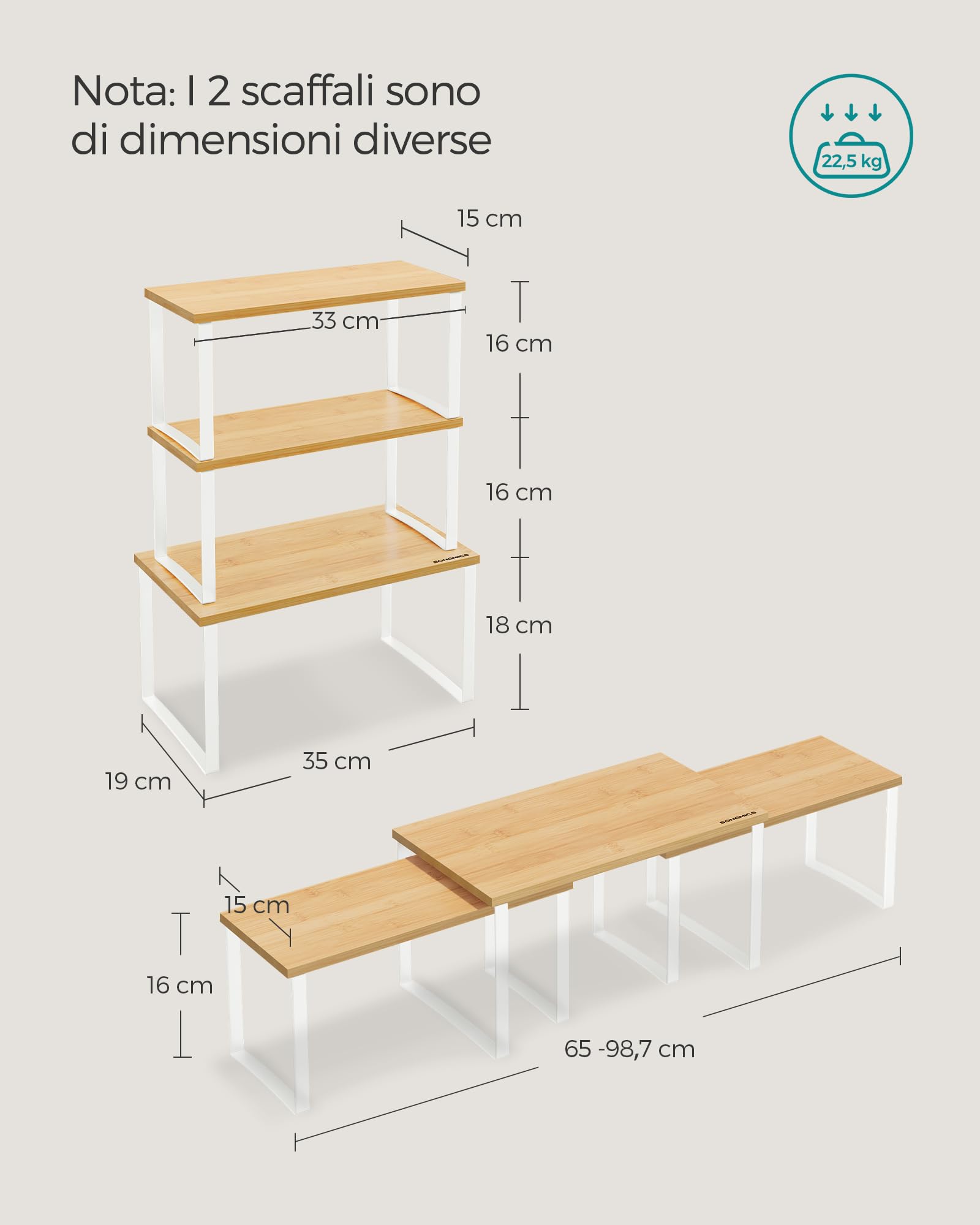 Songmics KCS014W01 scaffale cucina set 3 pezzi impilabile