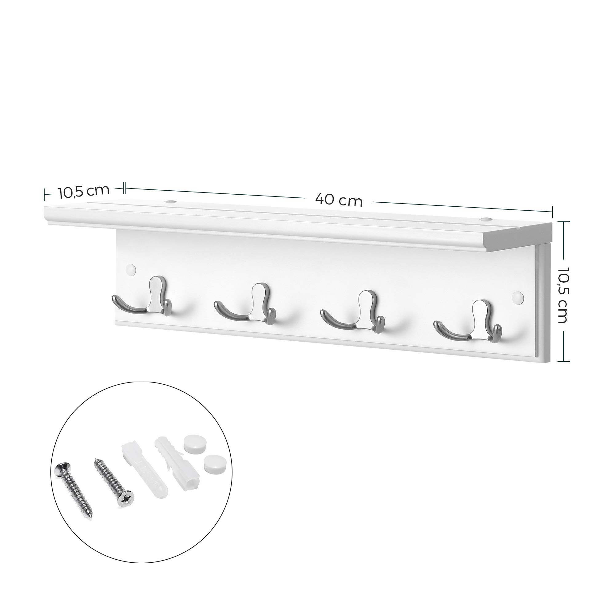 Songmics LHR42WT appendiabiti parete bianco 40 cm con mensola 4 ganci