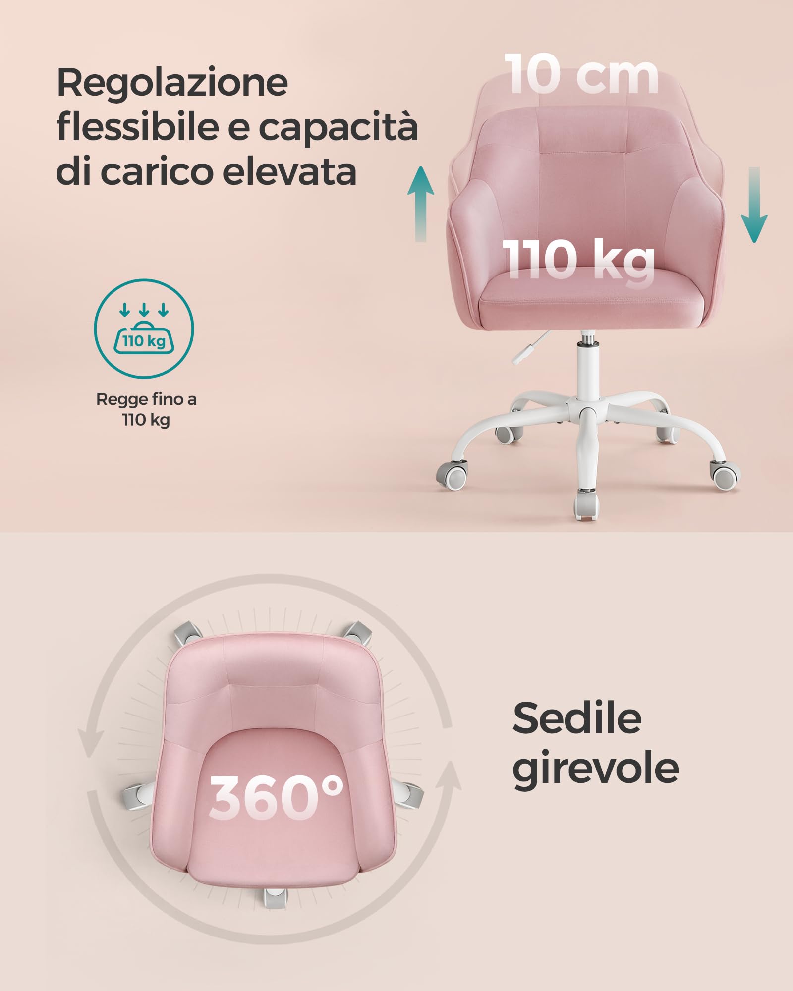 Songmics OBG019P02 sedia velluto rosa gelatina girevole