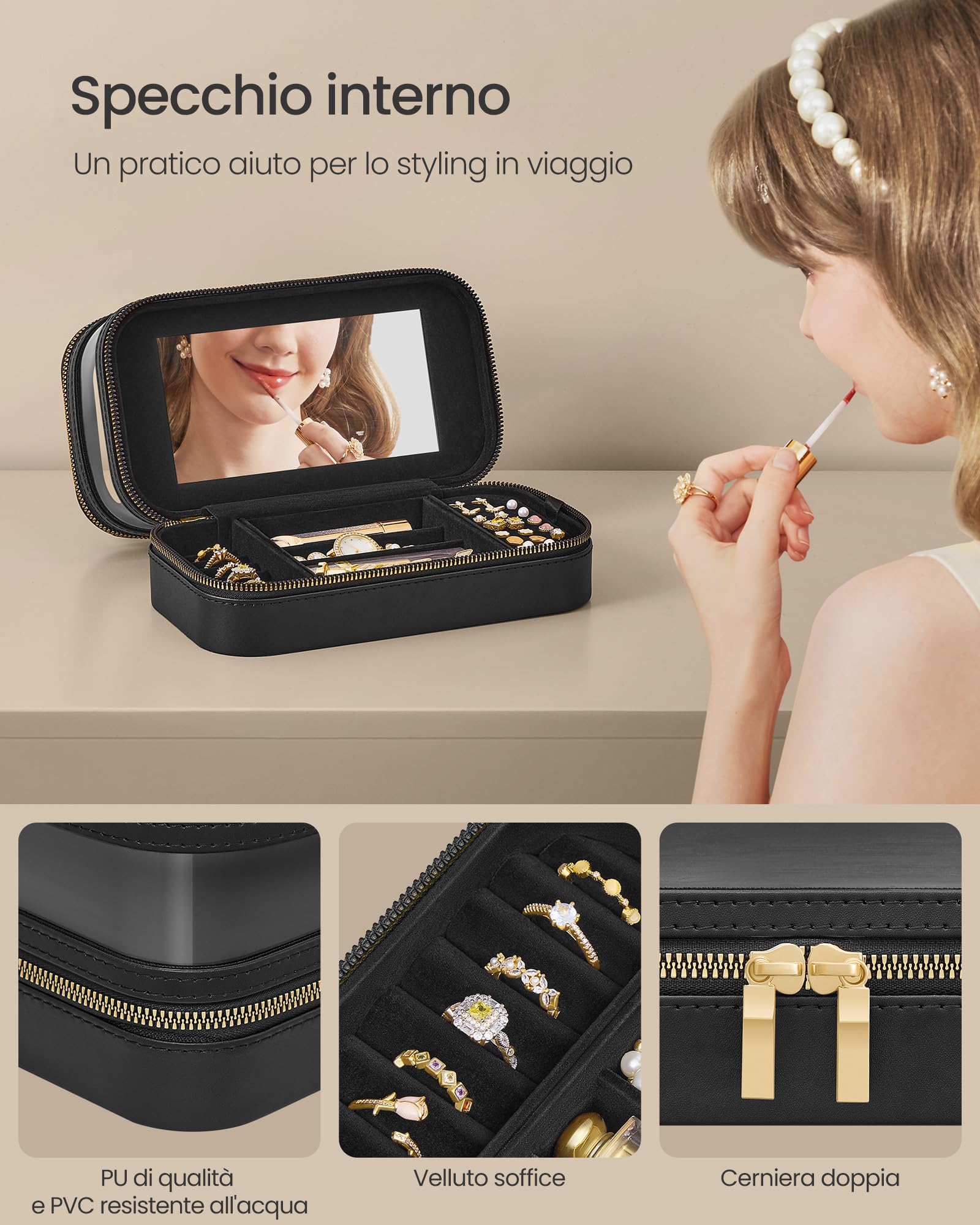 Songmics JKA026B01 beauty case viaggio nero inchiostro con specchio