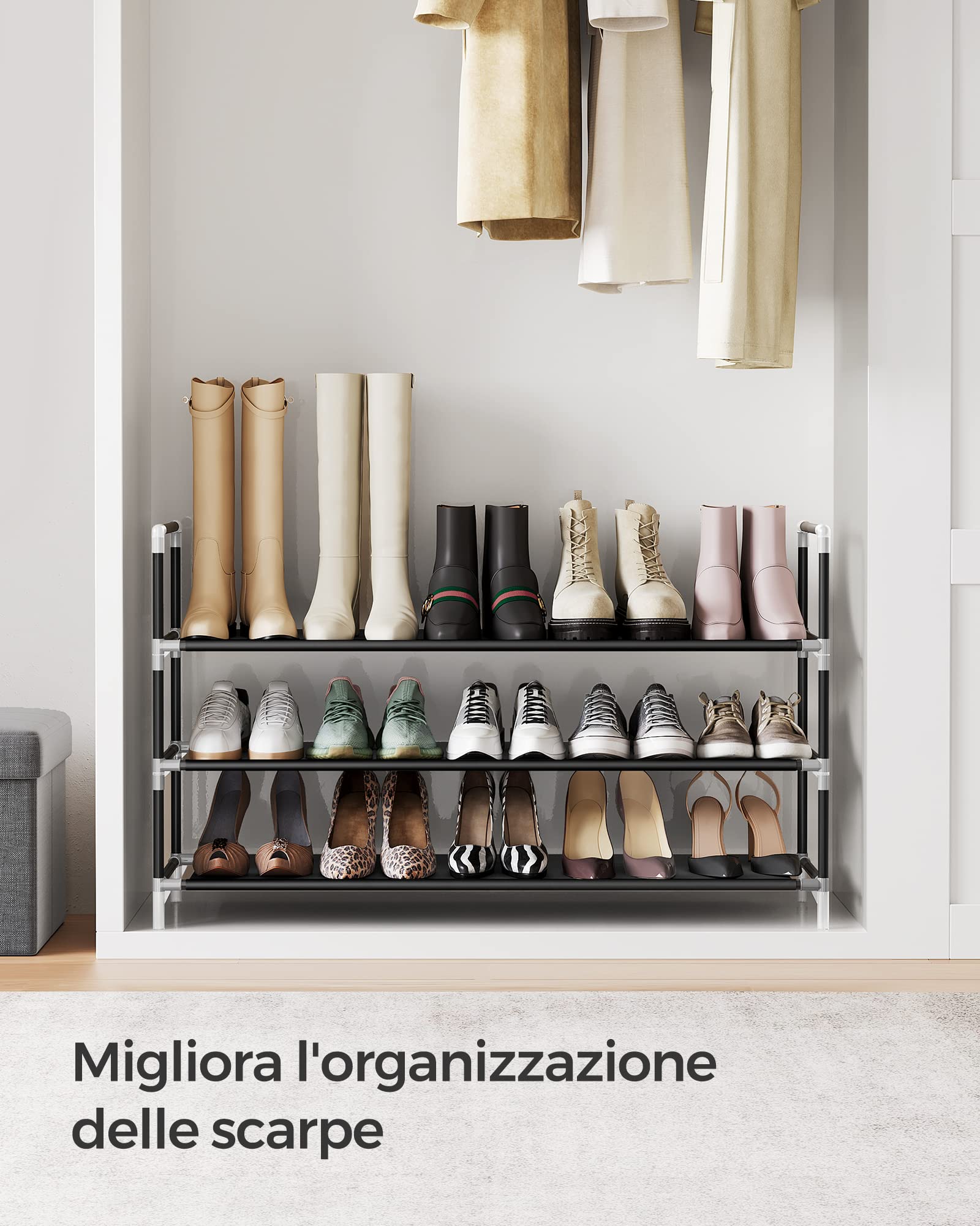 Songmics scarpiera tessuto 3 ripiani nera salvaspazio