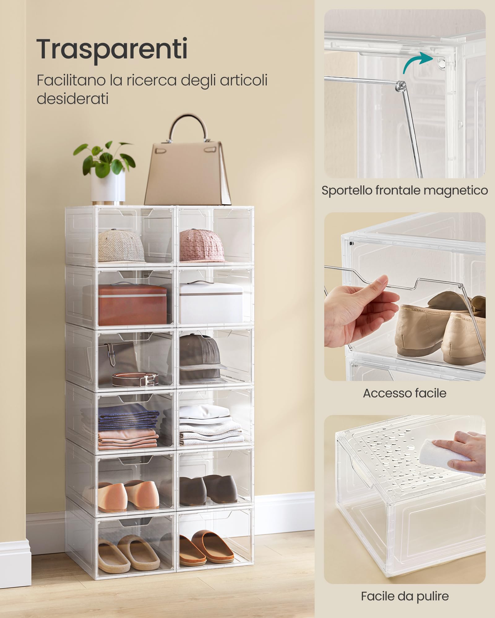 Songmics Scatole Scarpe 12 Pezzi 34x25x18 Bianche Impilabili