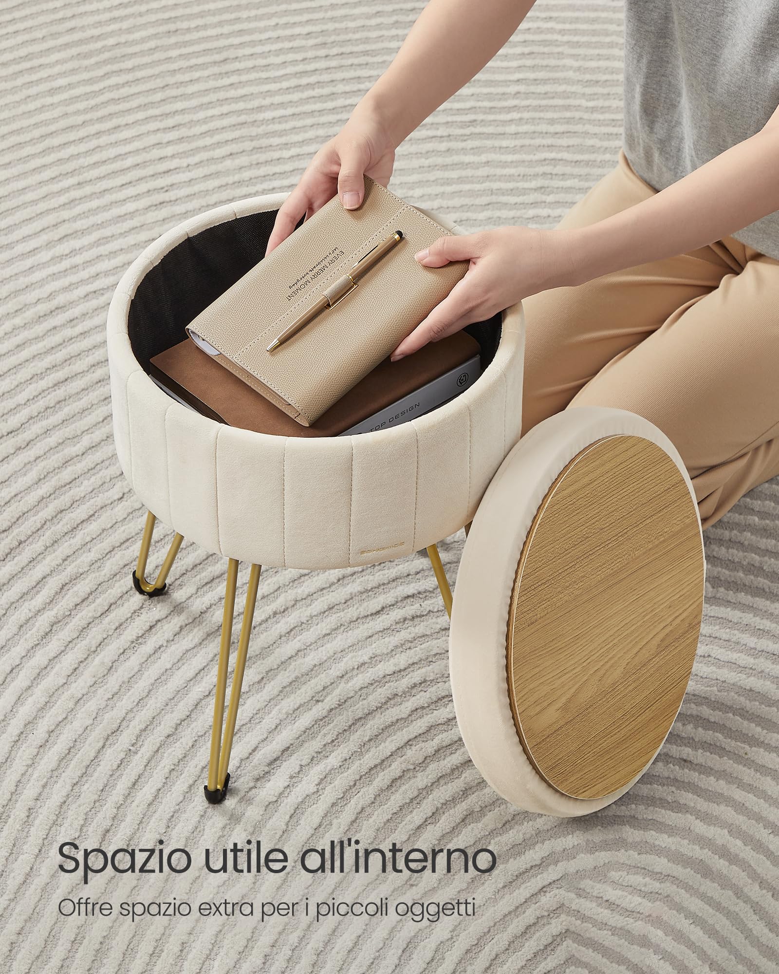 Songmics LOM003W01 sgabello contenitore Bianco Crema in velluto