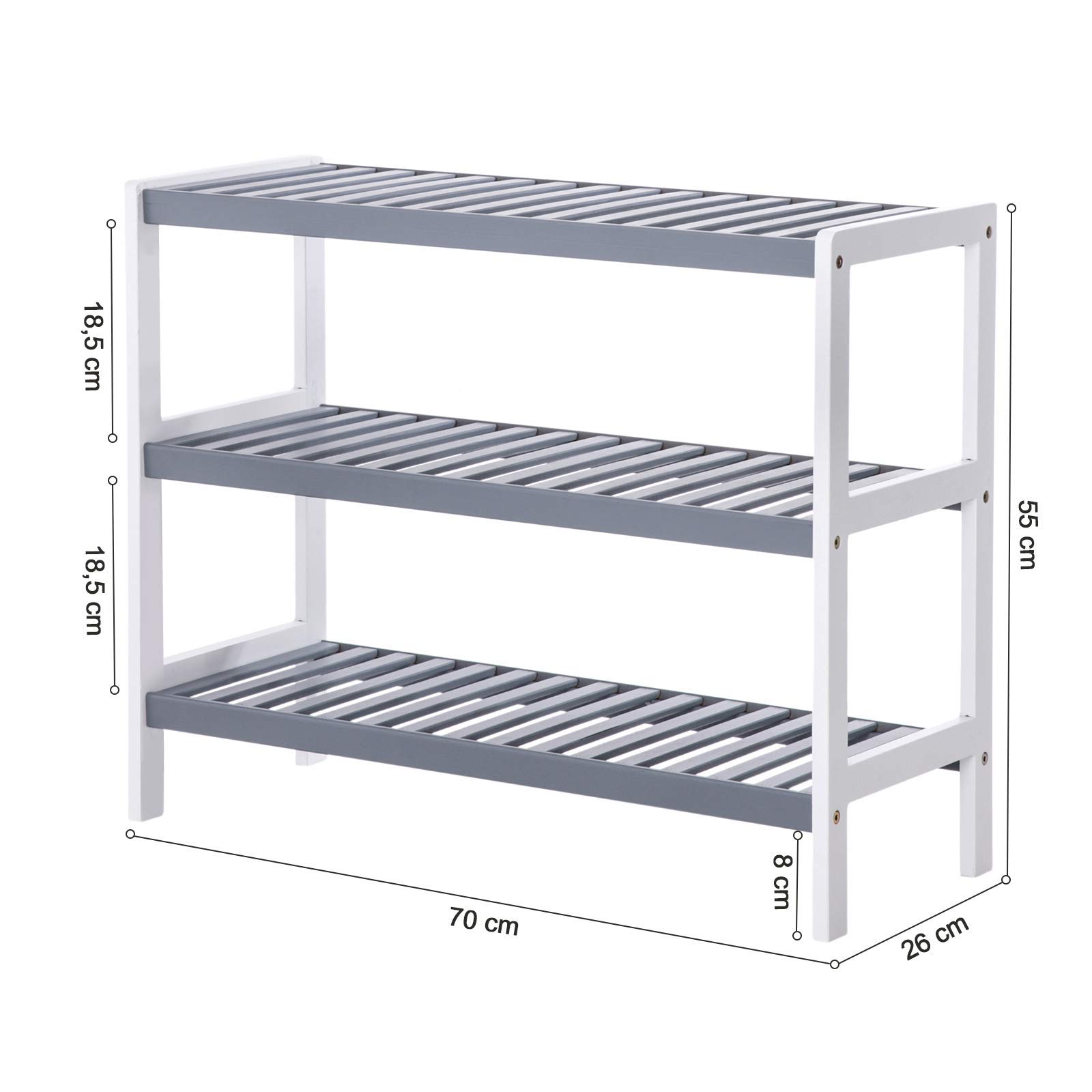 Songmics LBS03WG scarpiera bambù 3 ripiani 70 cm bianco-grigio
