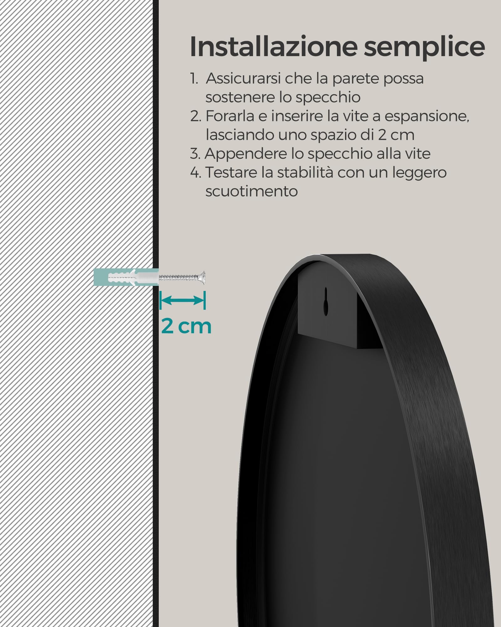 Songmics Berit LWM103B01 specchio rotondo nero 76 cm alluminio