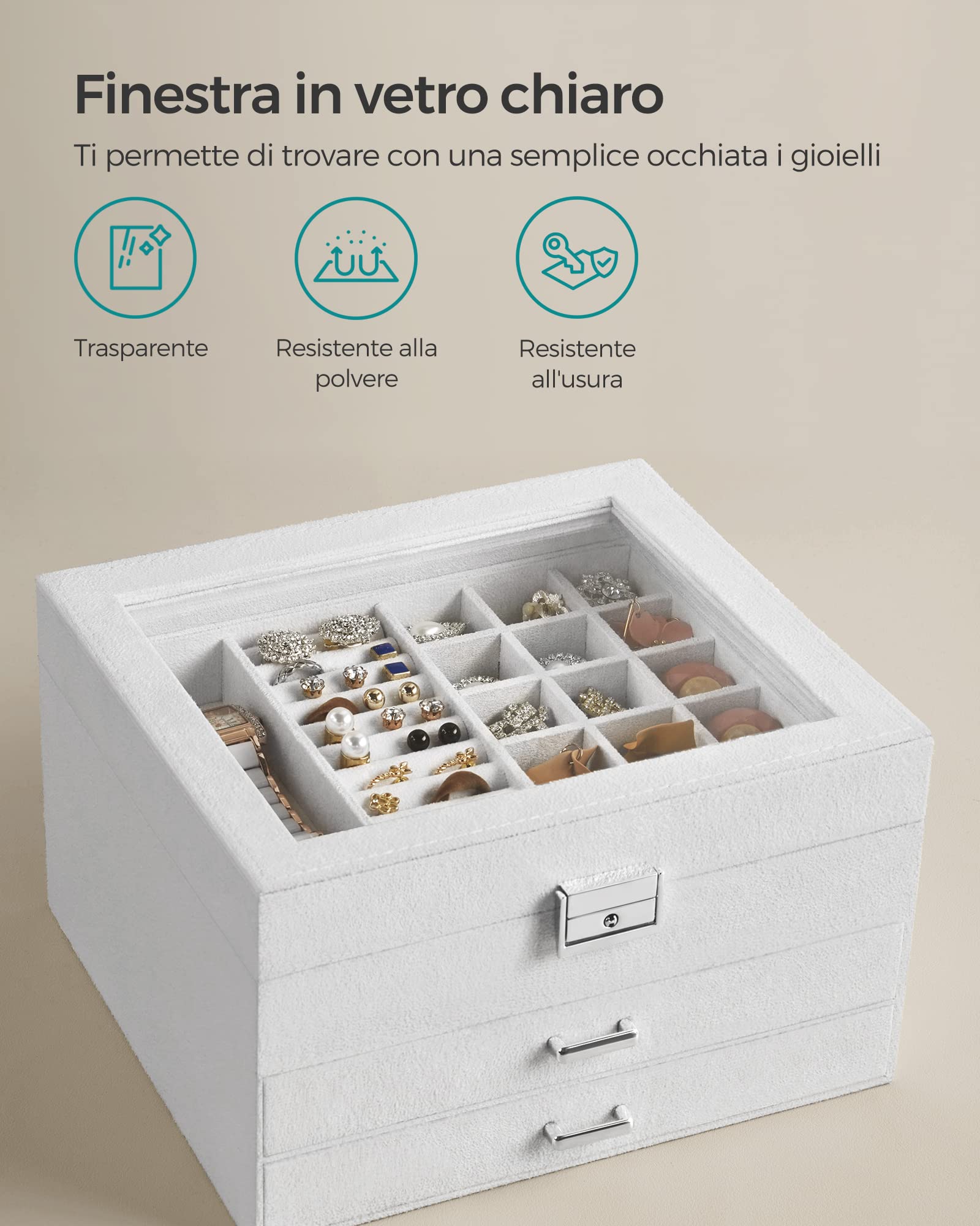 Songmics JBC158W01 scatola portagioie bianco con vetro