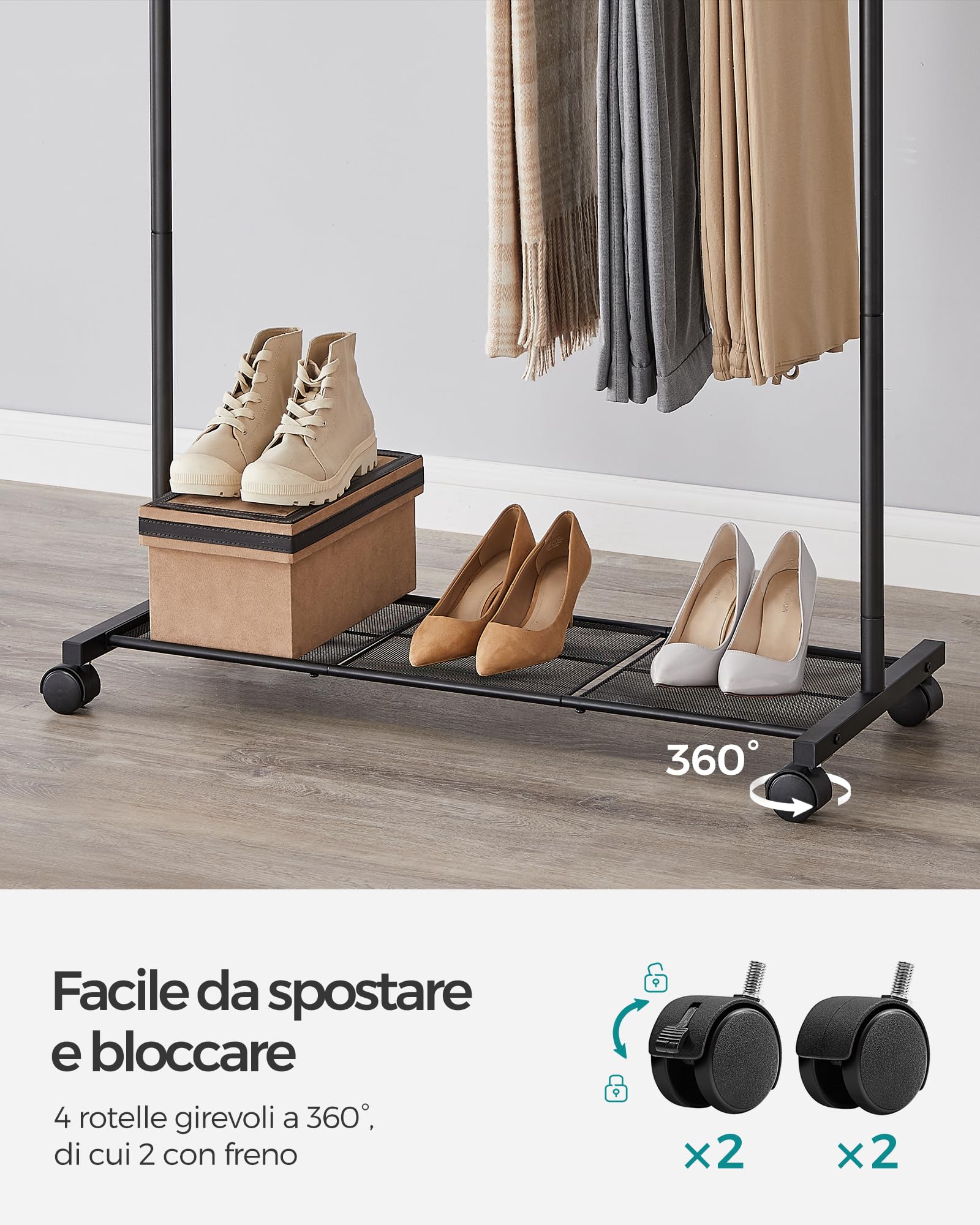 Songmics HSR027B01 stand appendiabiti doppio nero con ruote
